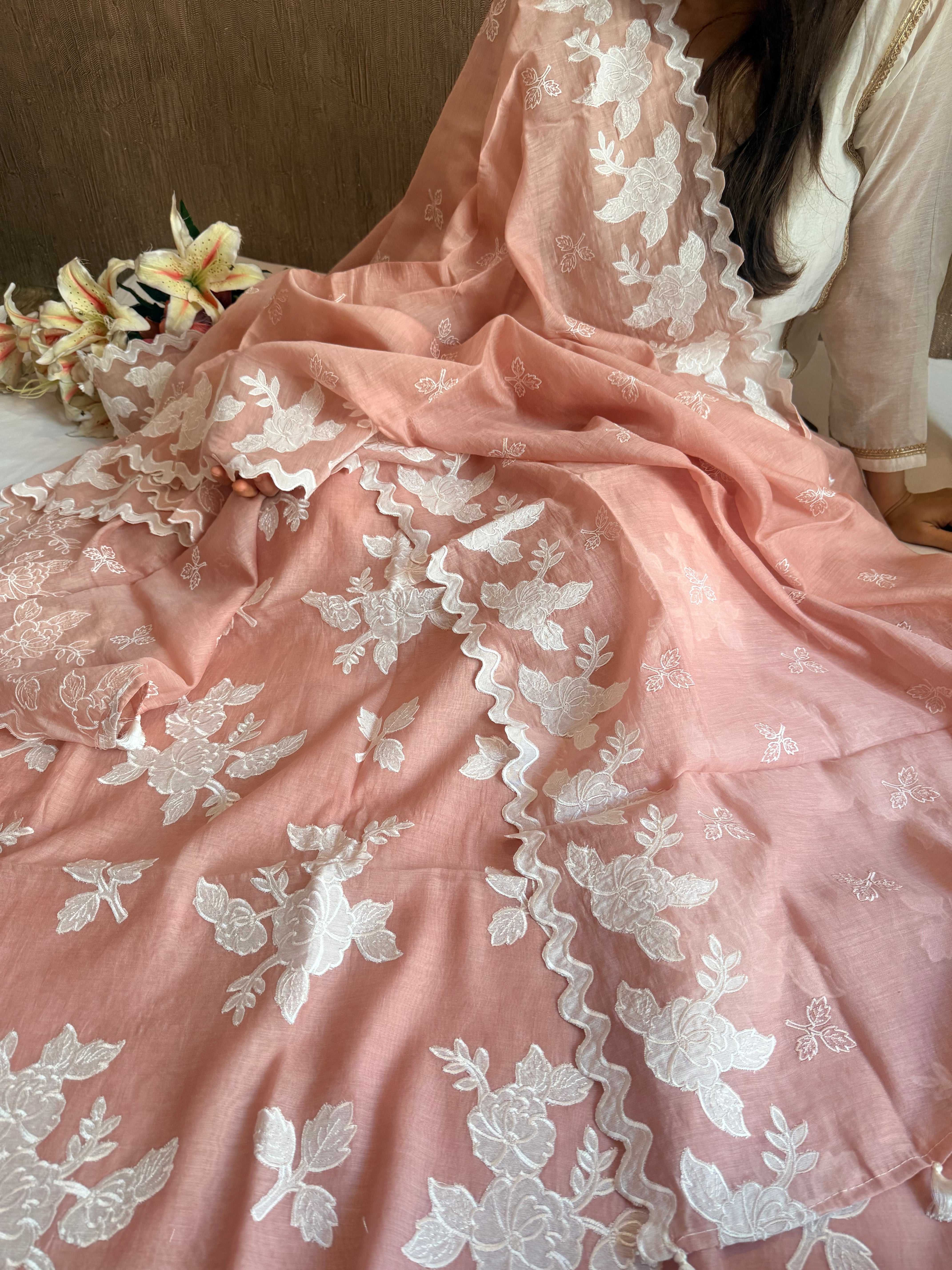 Alia bhatt inspired banarasi mulmul appliqué work suit set
