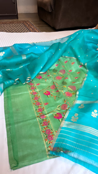 Menka (shades of green and blue) moonga silk kadhwa meenedar suit set