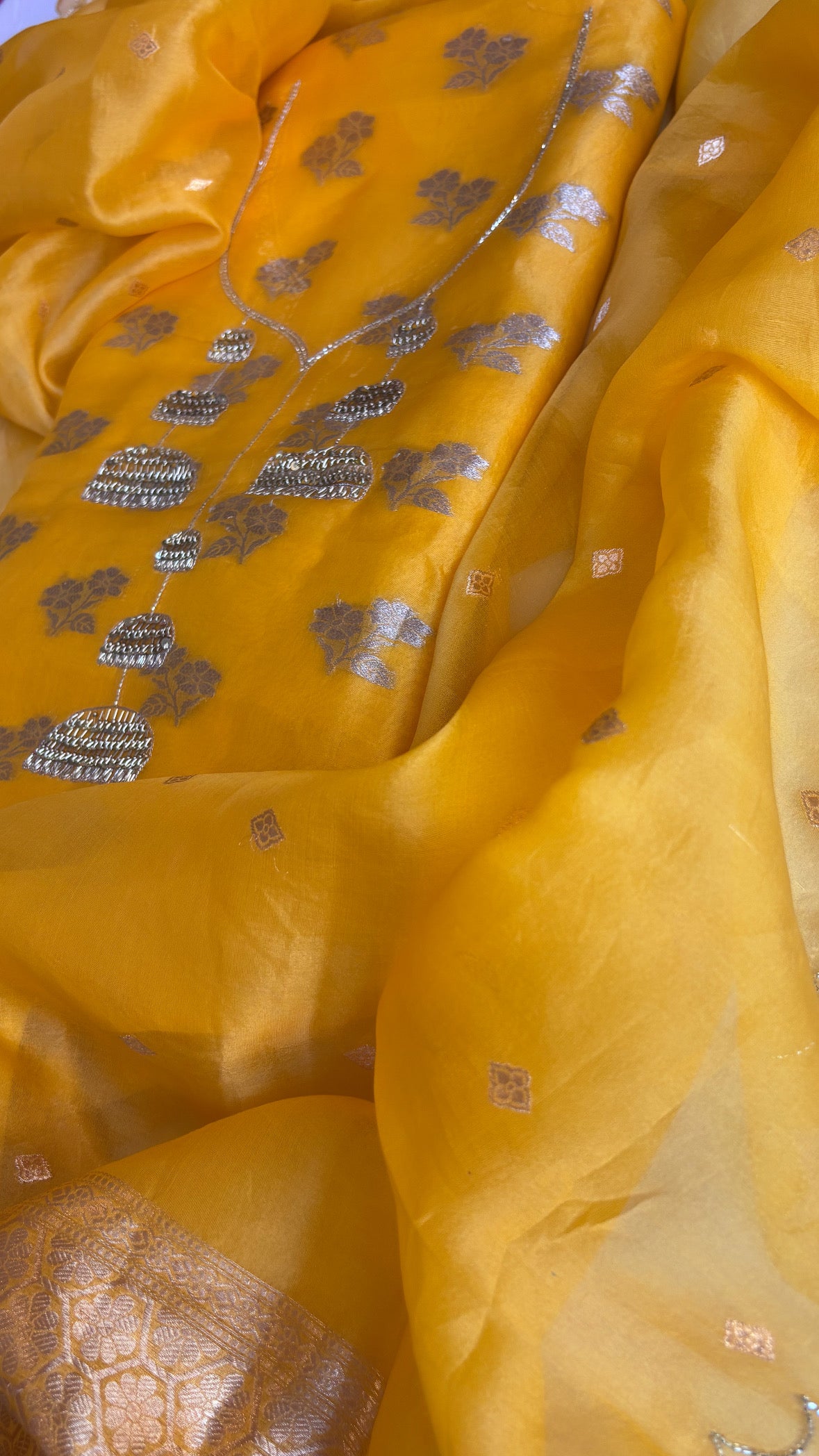 Banarasi “haldi ka din” kora silk hand embroidered kadhwa suit sets