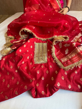 Deep red kora silk kadhwa buti gotapatti suit set