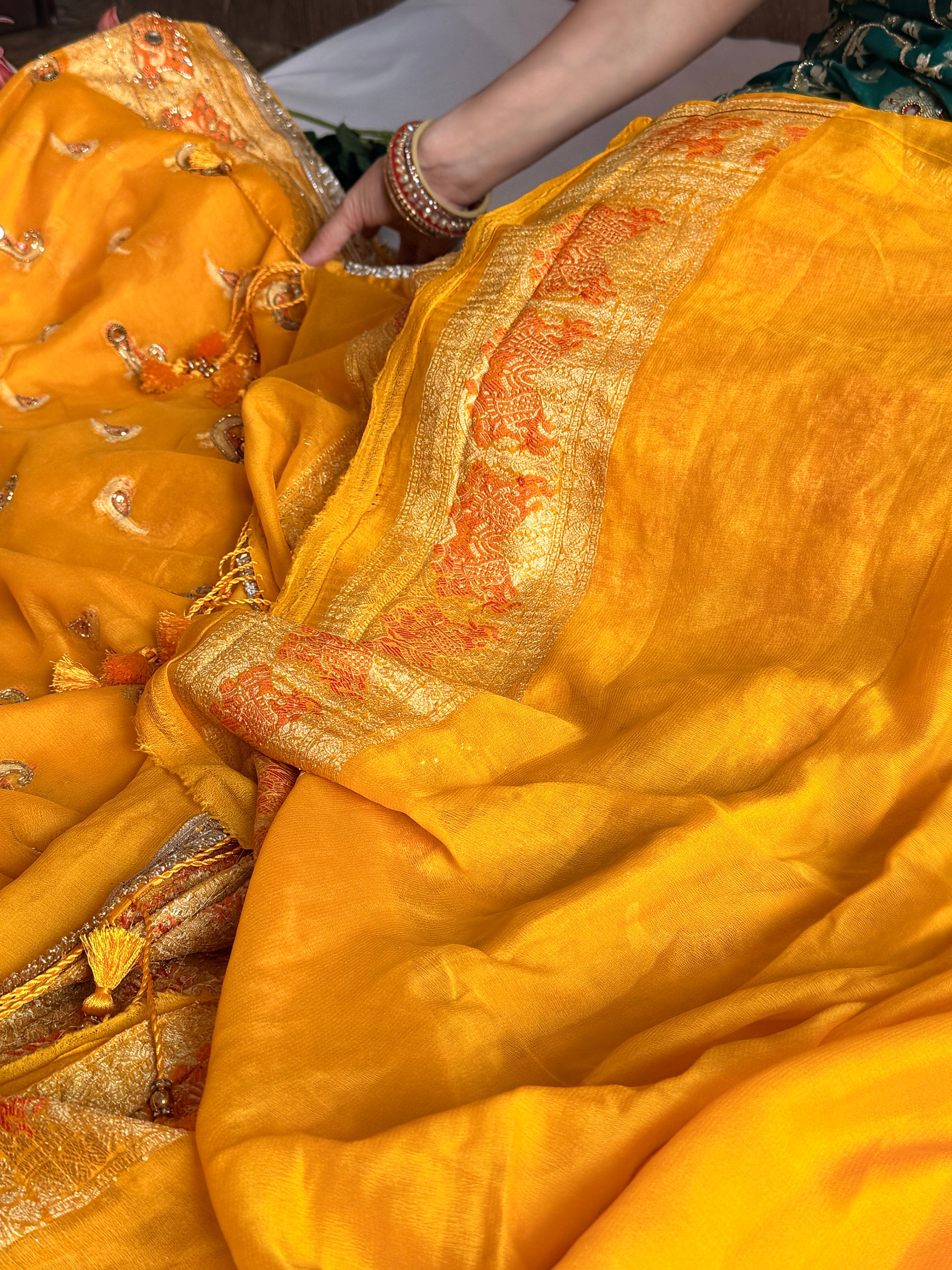 Banarasi chiffon gorgette kadhwa weaving hand embroidered saree