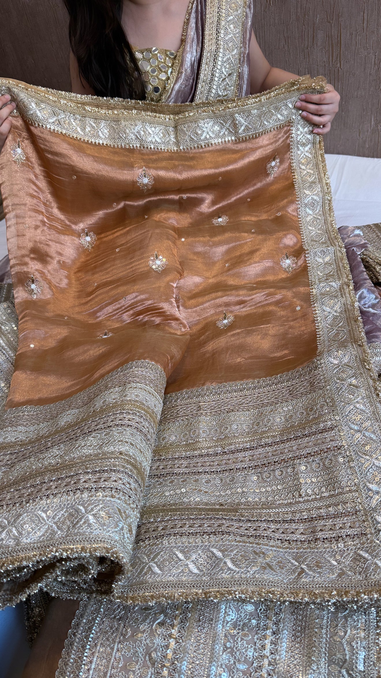 Lehenga style saree edit- Mud brown diamond tissue silk tilli work heavy gotapatti skirt border saree