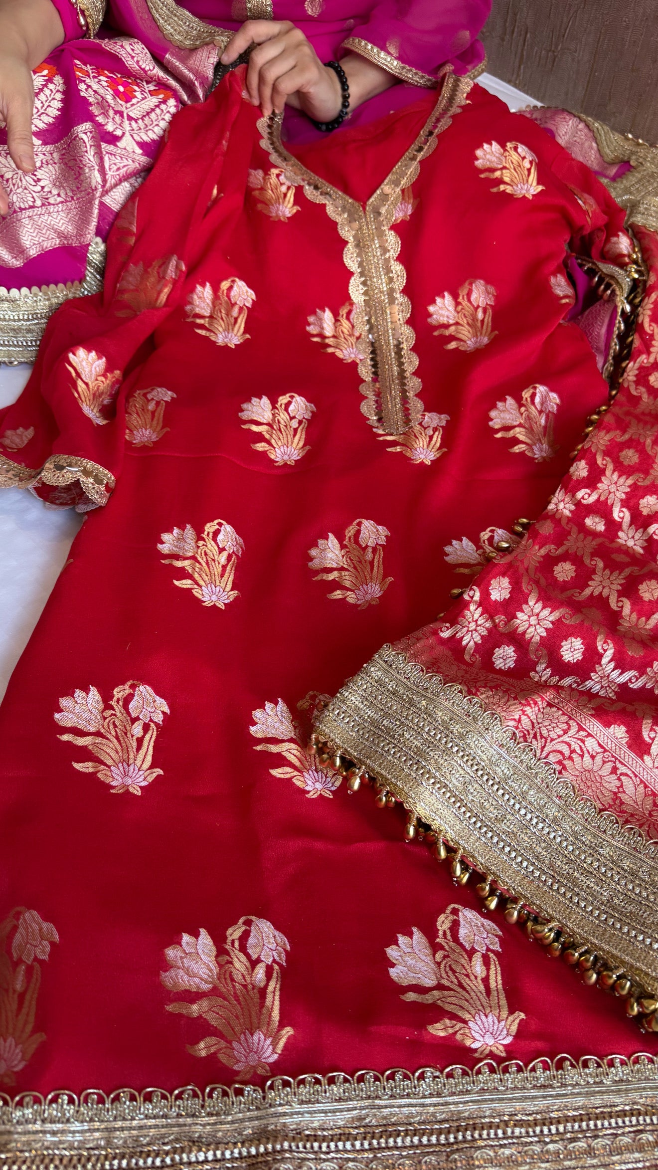 Pakistani drama inspired blood red banarasi gorgette semi-stitched kadhwa gotapatti suit set