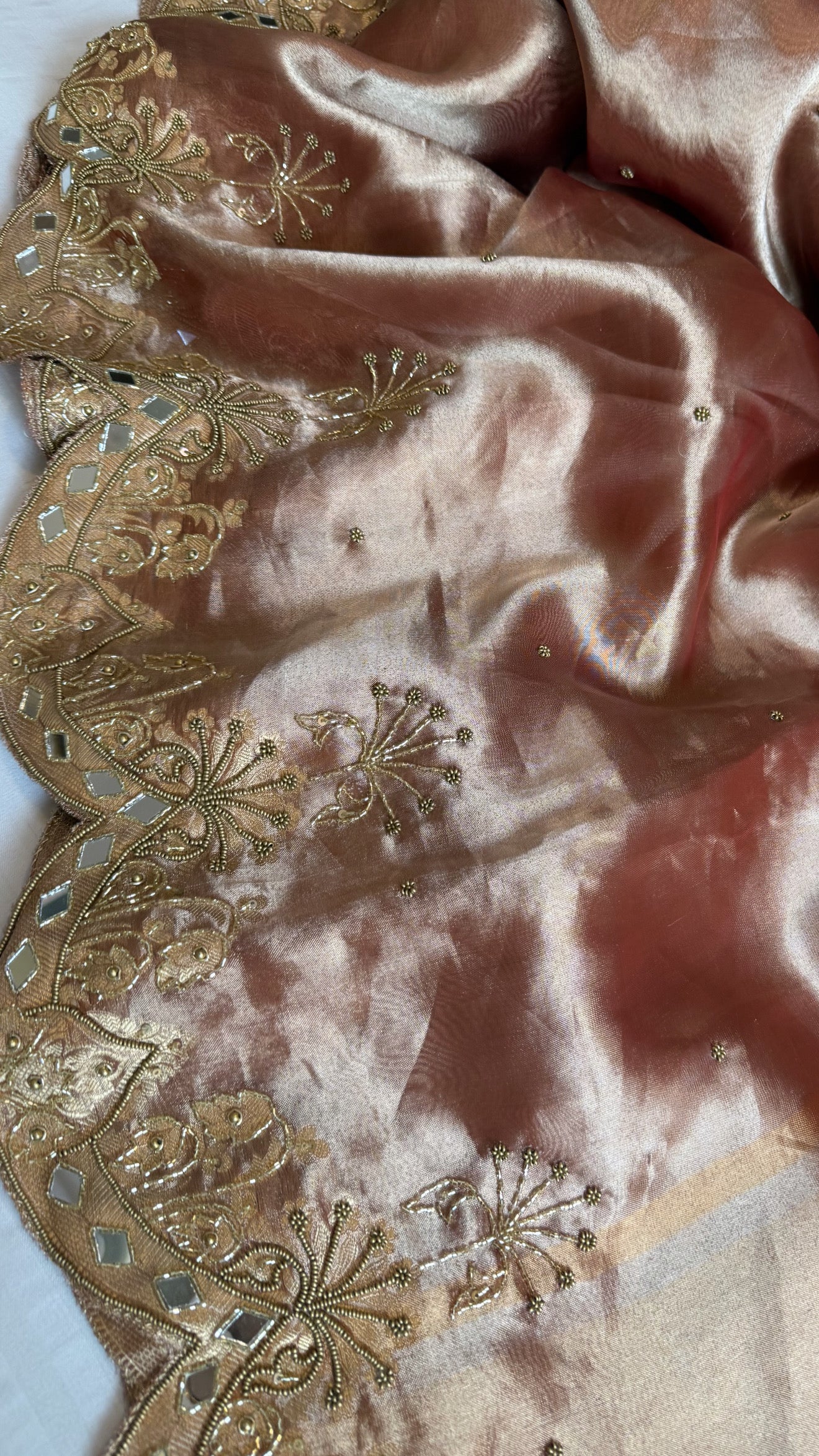 Husn cherry peach tissue silk heavy zardozi hand embroidered saree