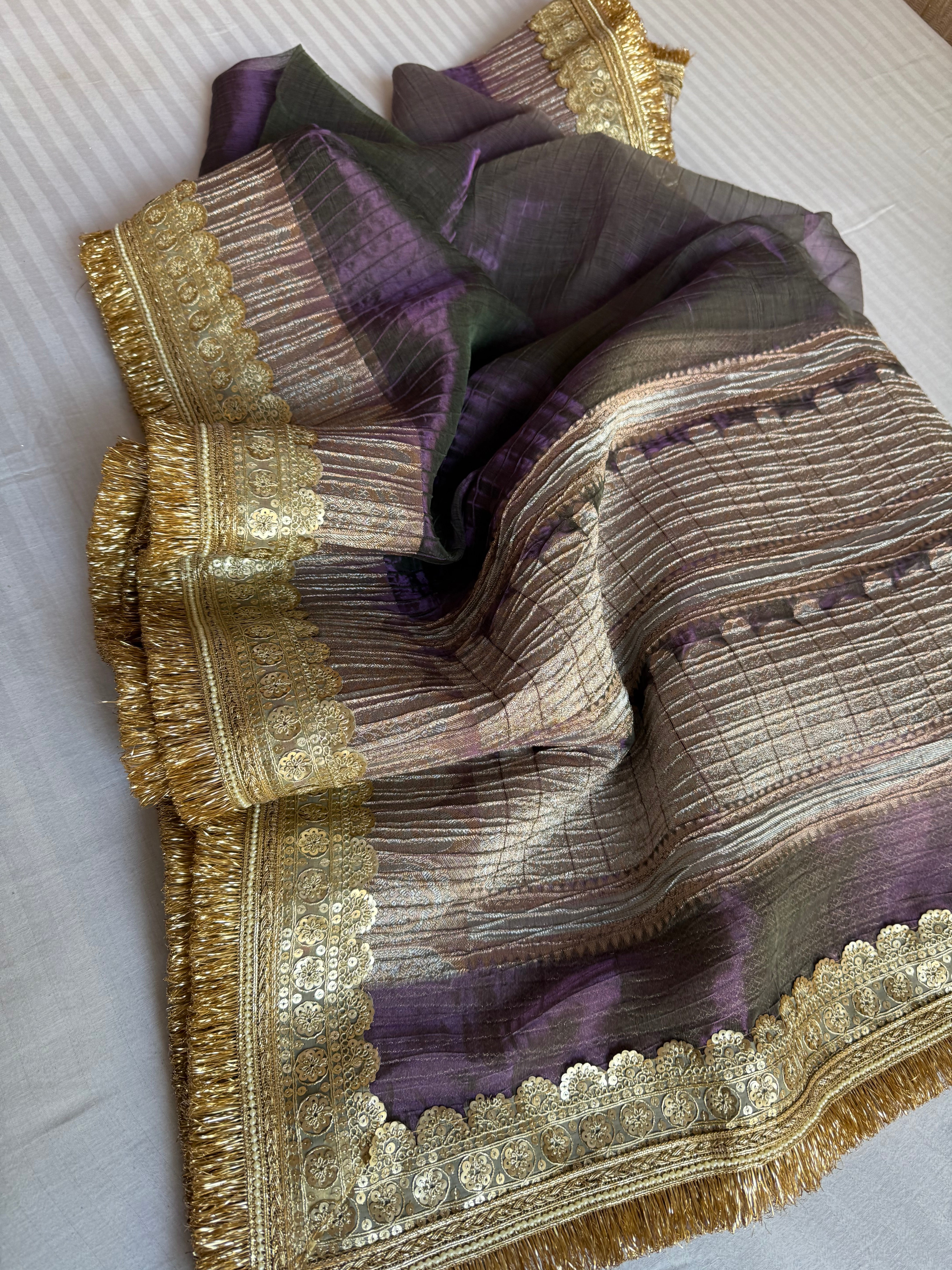 Space purple dhup chao effect pleated maharani tissue silk saree