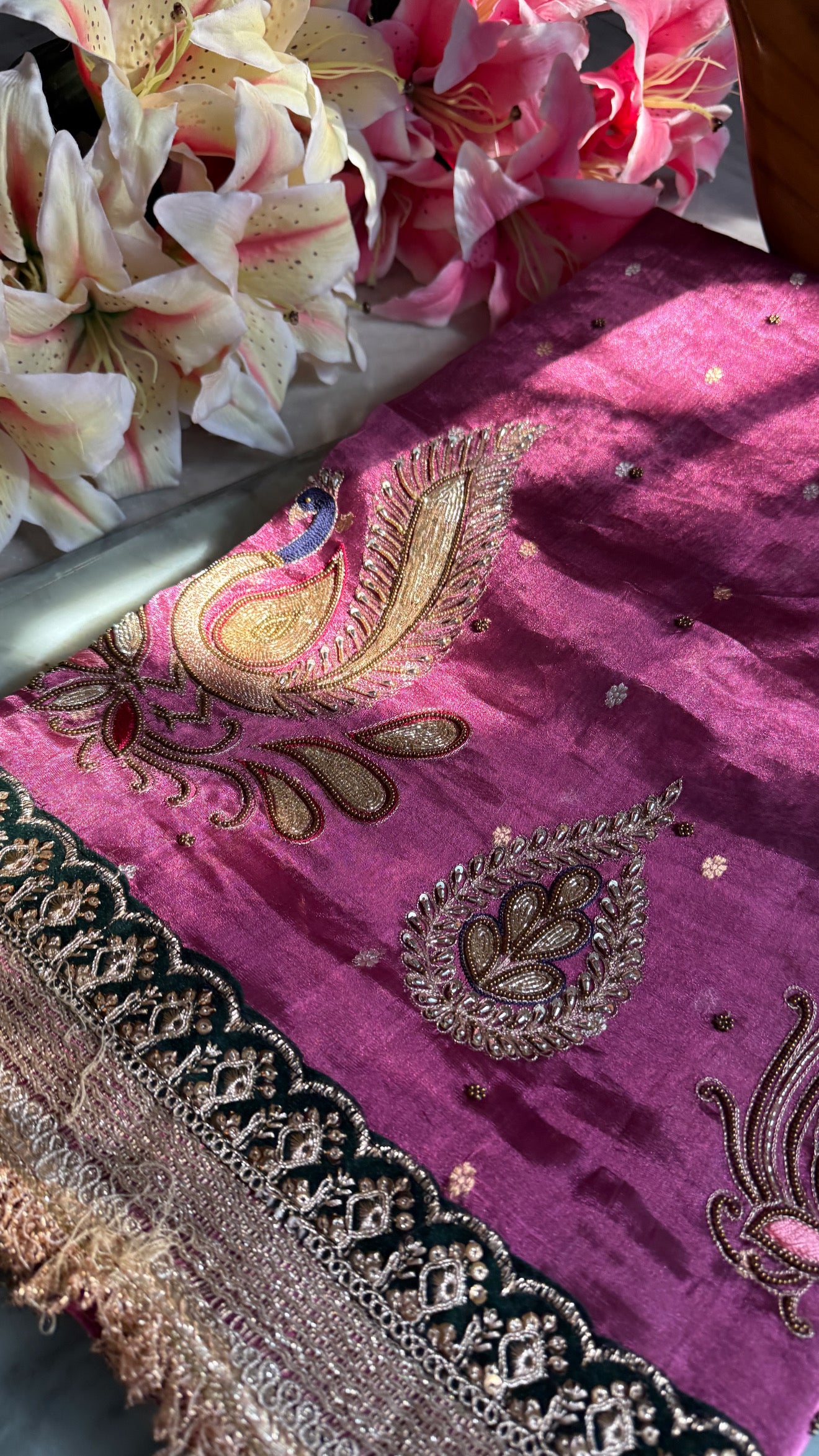Dancing peacock motif - Magenta purple tissue silk hand embroidered saree