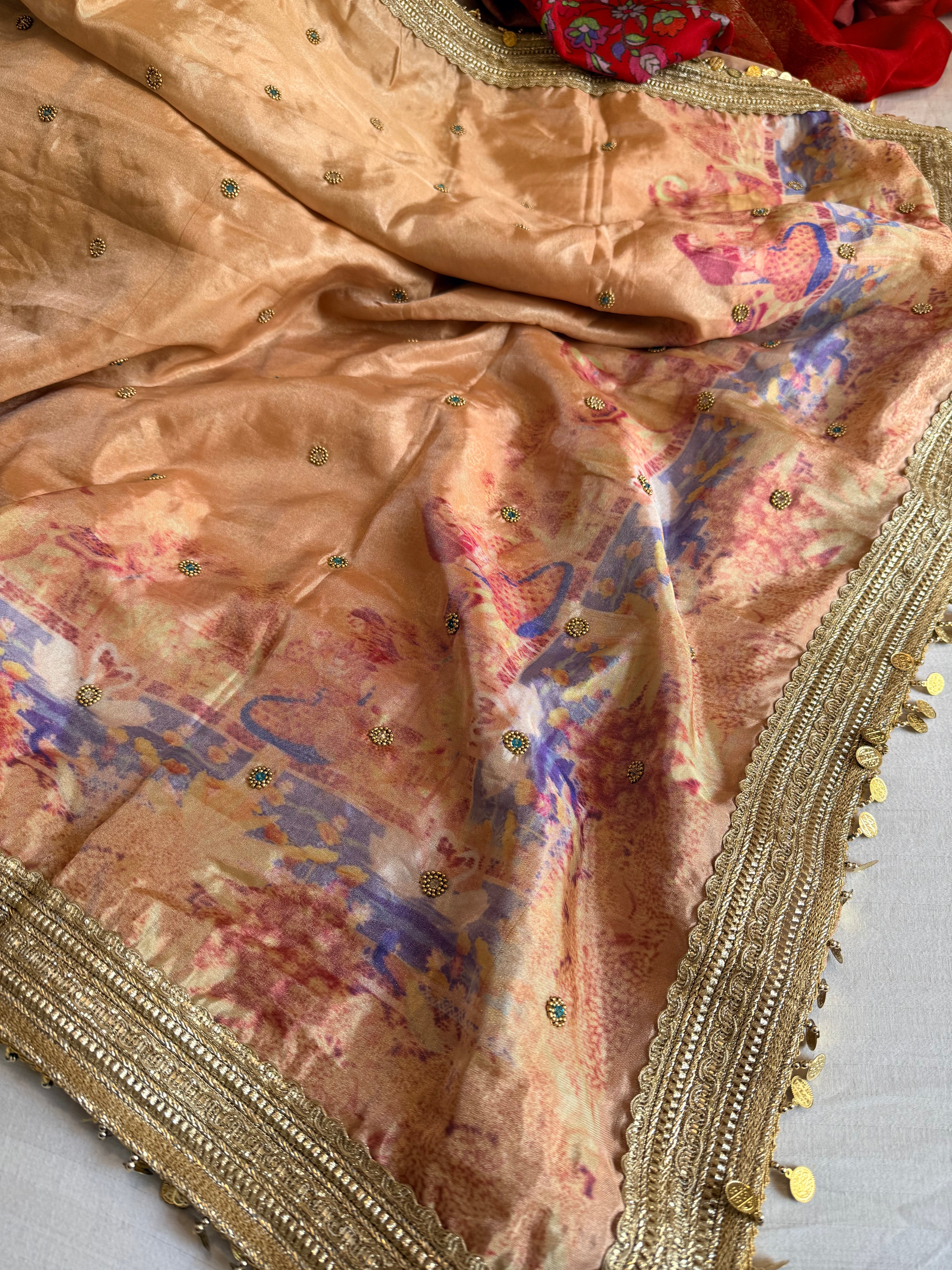 Printed tissue silk hand embroidered kadhwa gotapatti saree