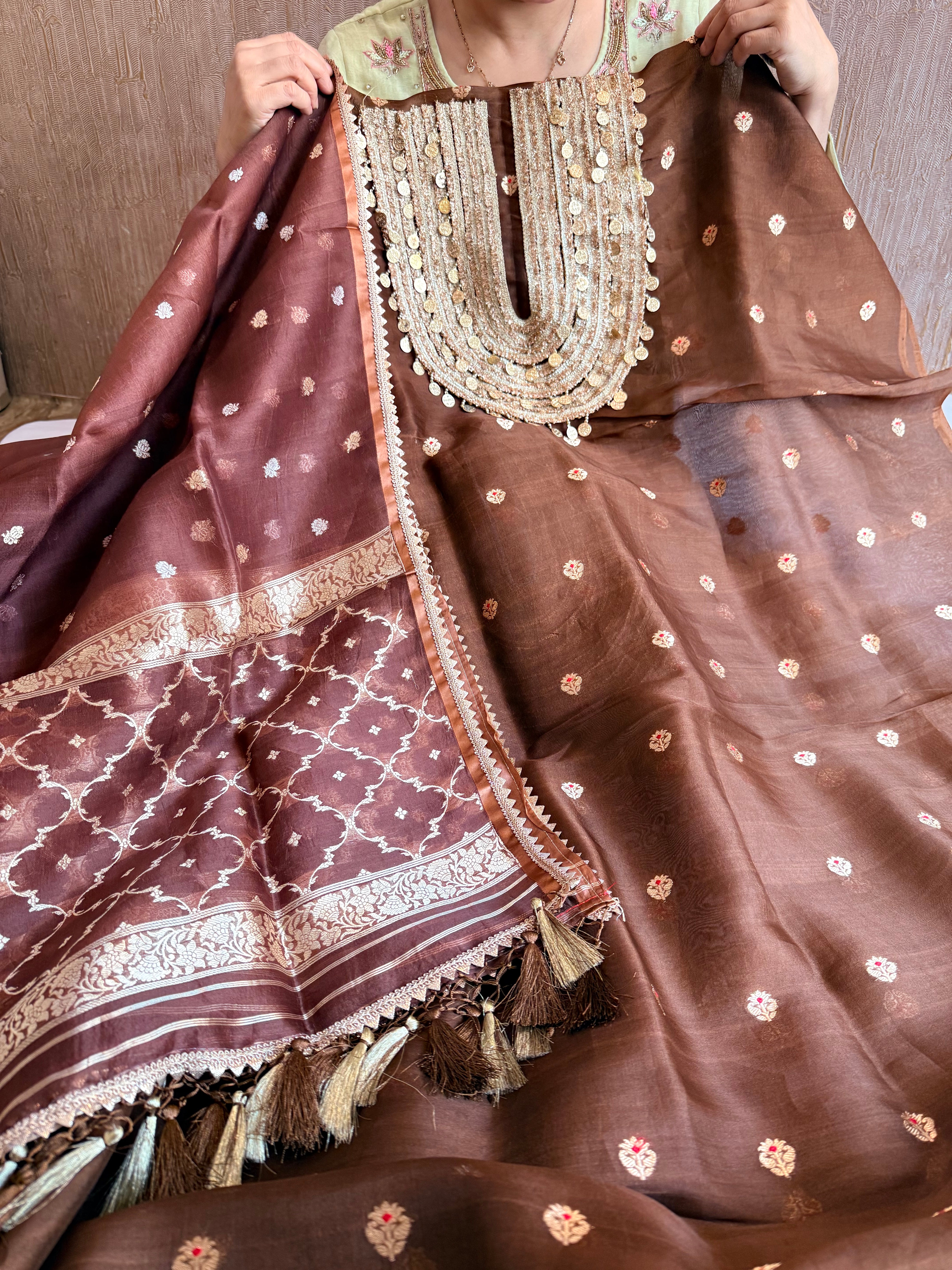 Coinwork banarasi kora silk choco brown kadhwa suit set