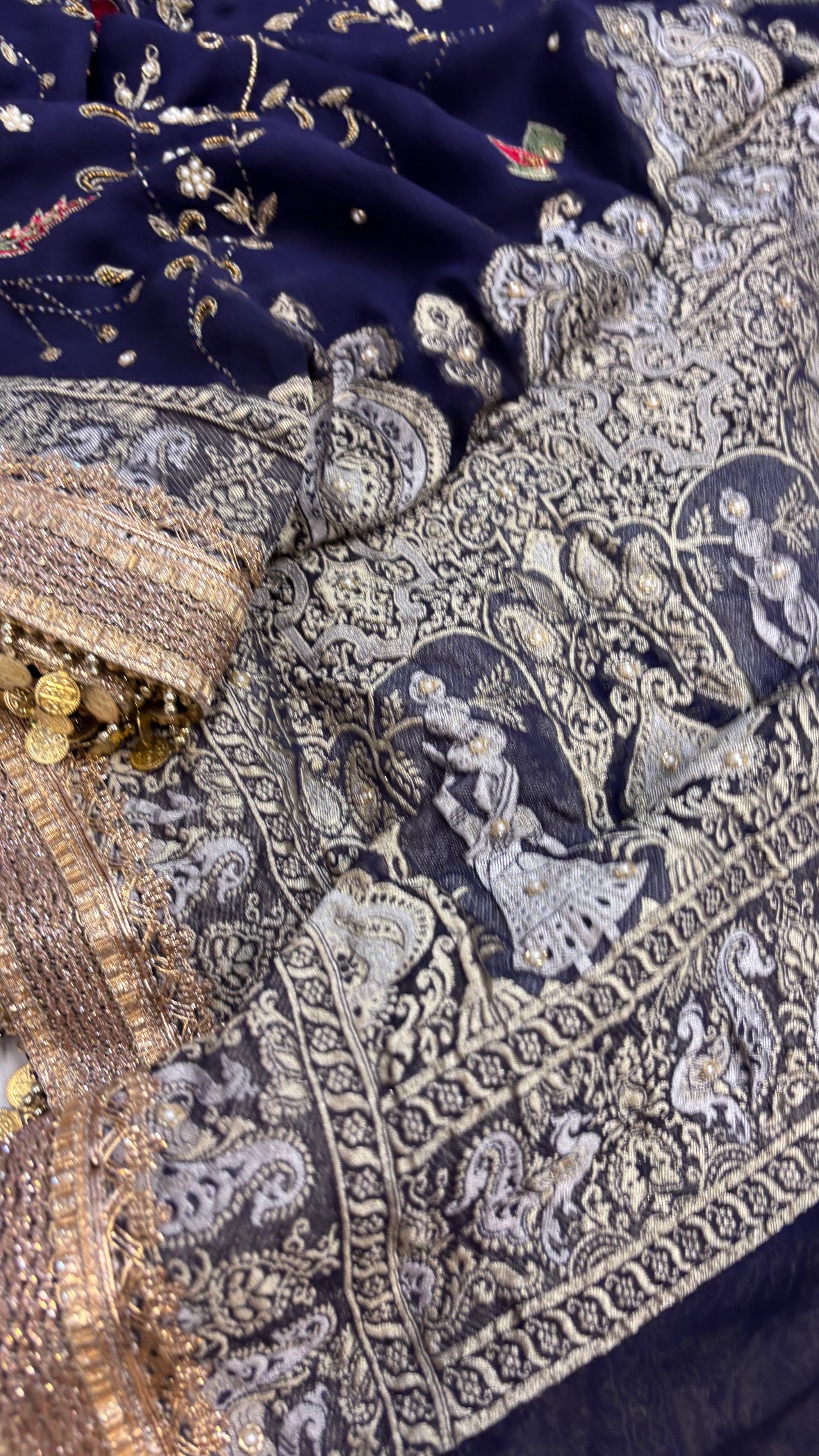 Midnight blue heer gorgette hand embroidered saree