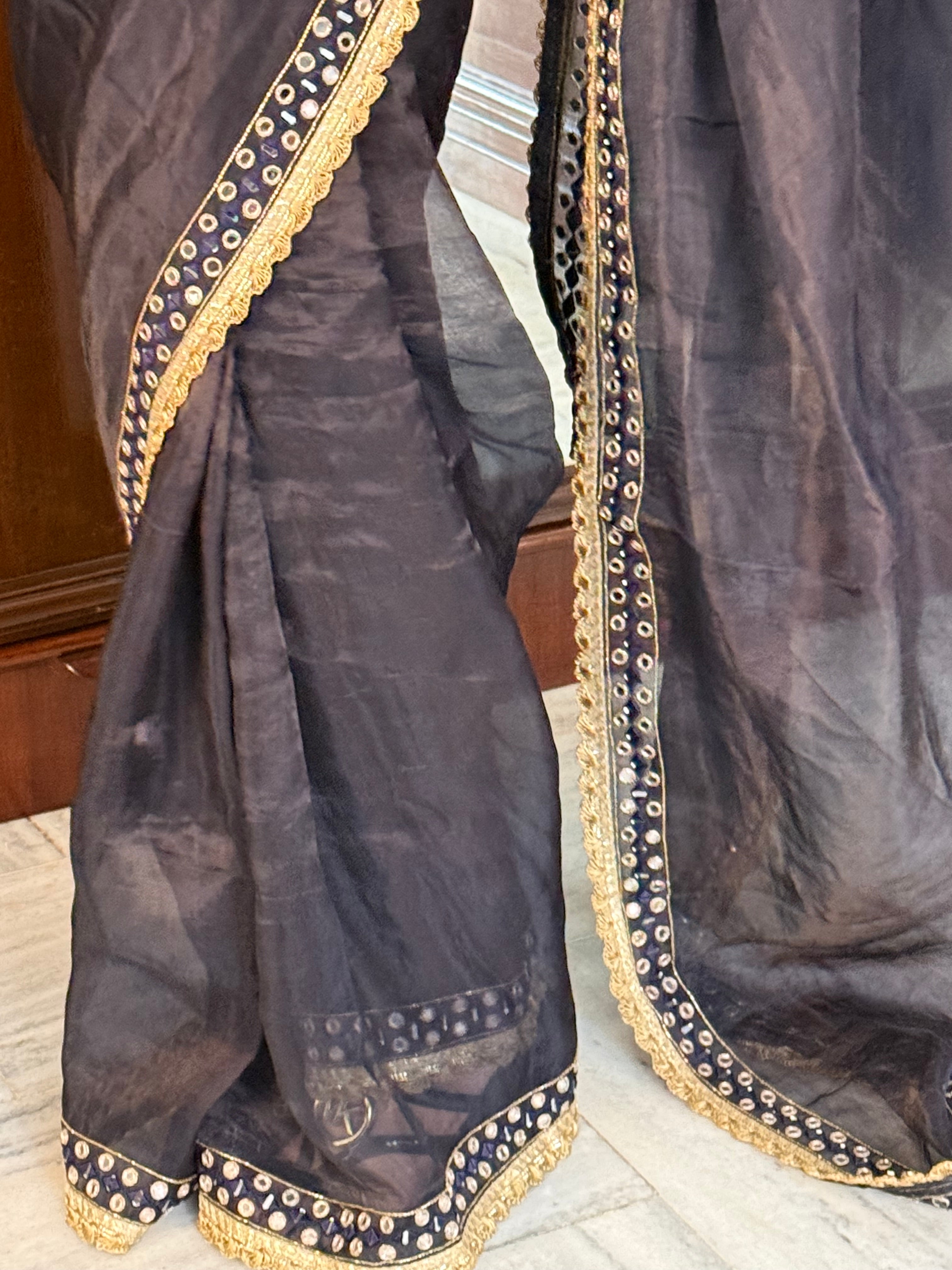 Mirror work midnight blue tissue silk hand embroidered kadhwa saree