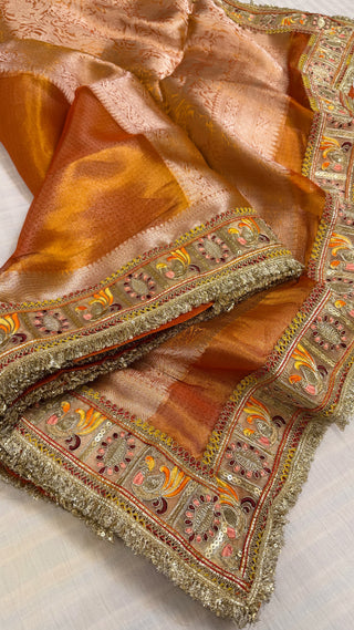 Fanta orange maharani tissue silk meenakari border saree