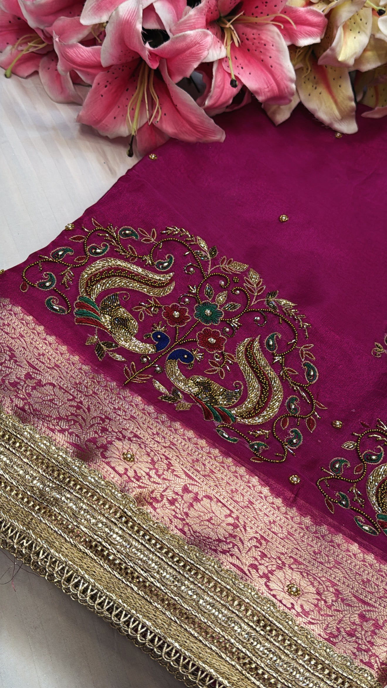 Pink special - Husn hot pink tissue silk peacock motif hand embroidered saree