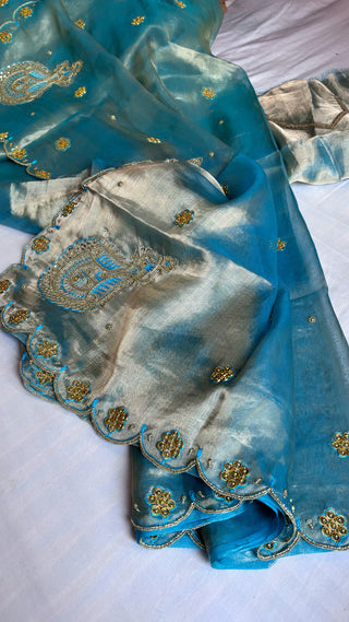 Husn sea blue tissue silk saree