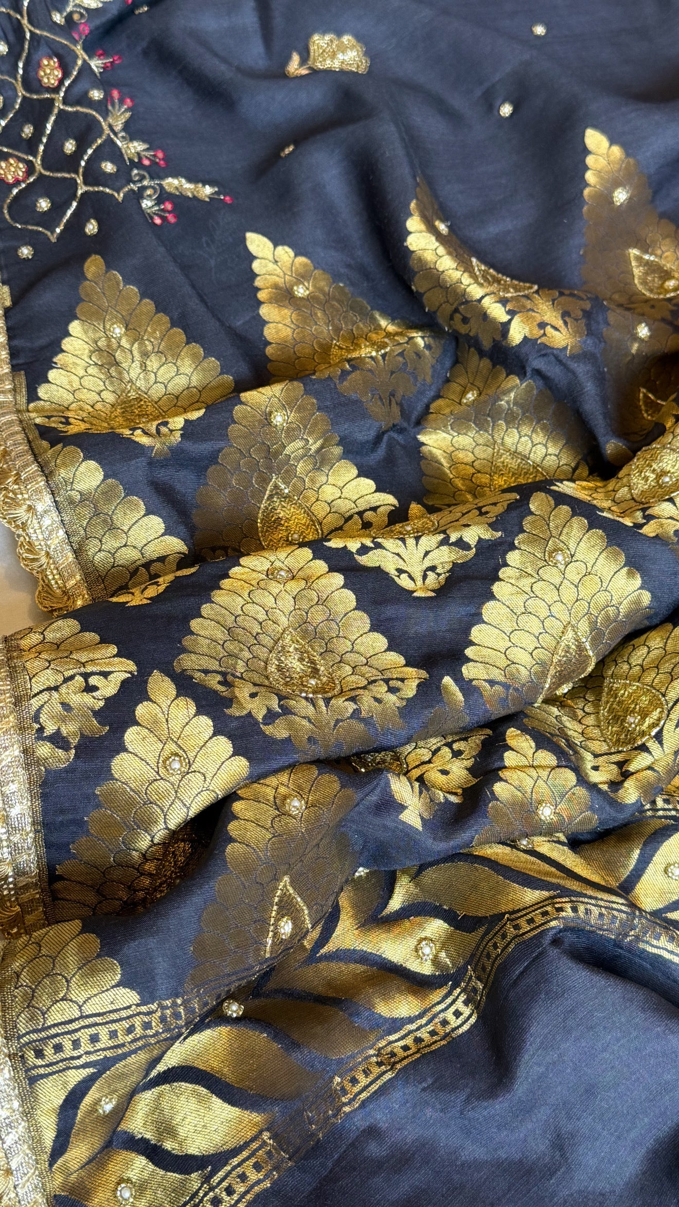 Navy blue moonga tussar silk hand embroidered kadhwa saree