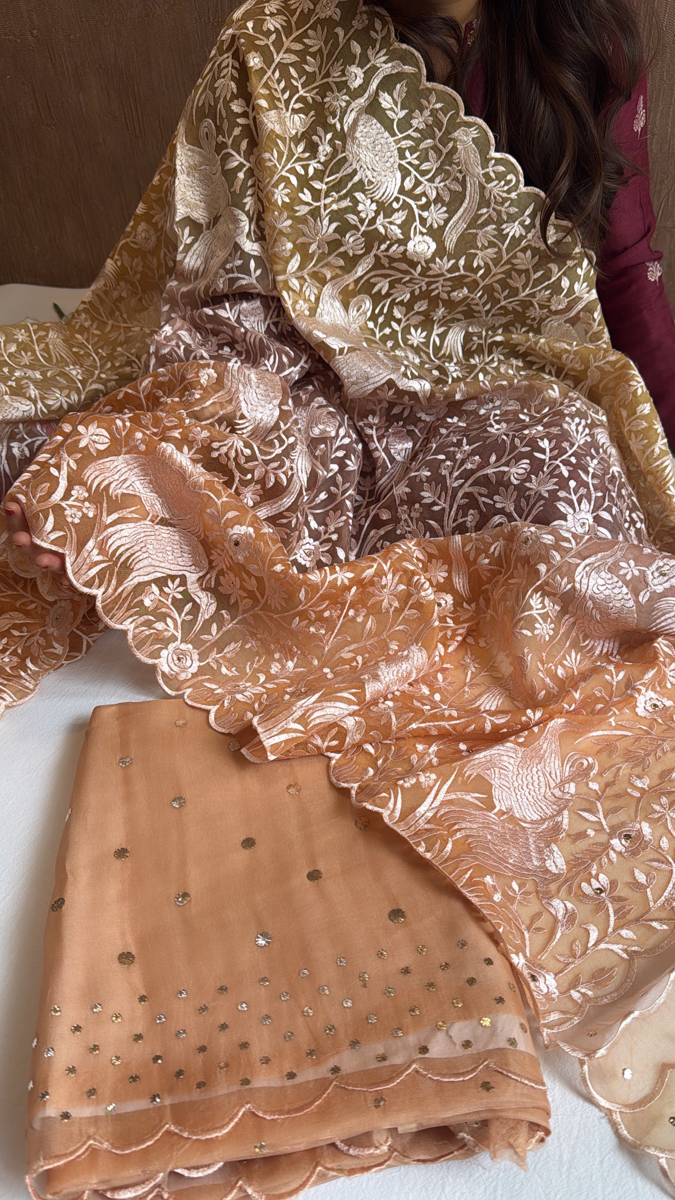 Shades of biscuit gold - Parsi gara kora silk resham and mukaish work hand embroidered suits