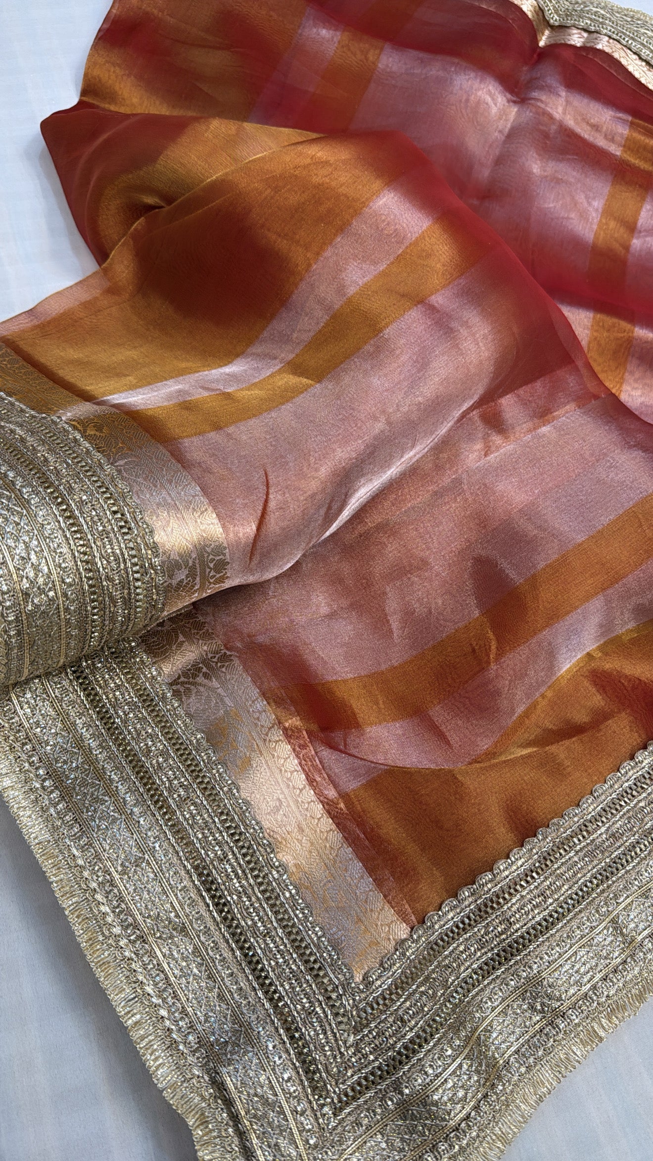 Maharani Fanta orange tissue silk kadhwa gotapatti saree