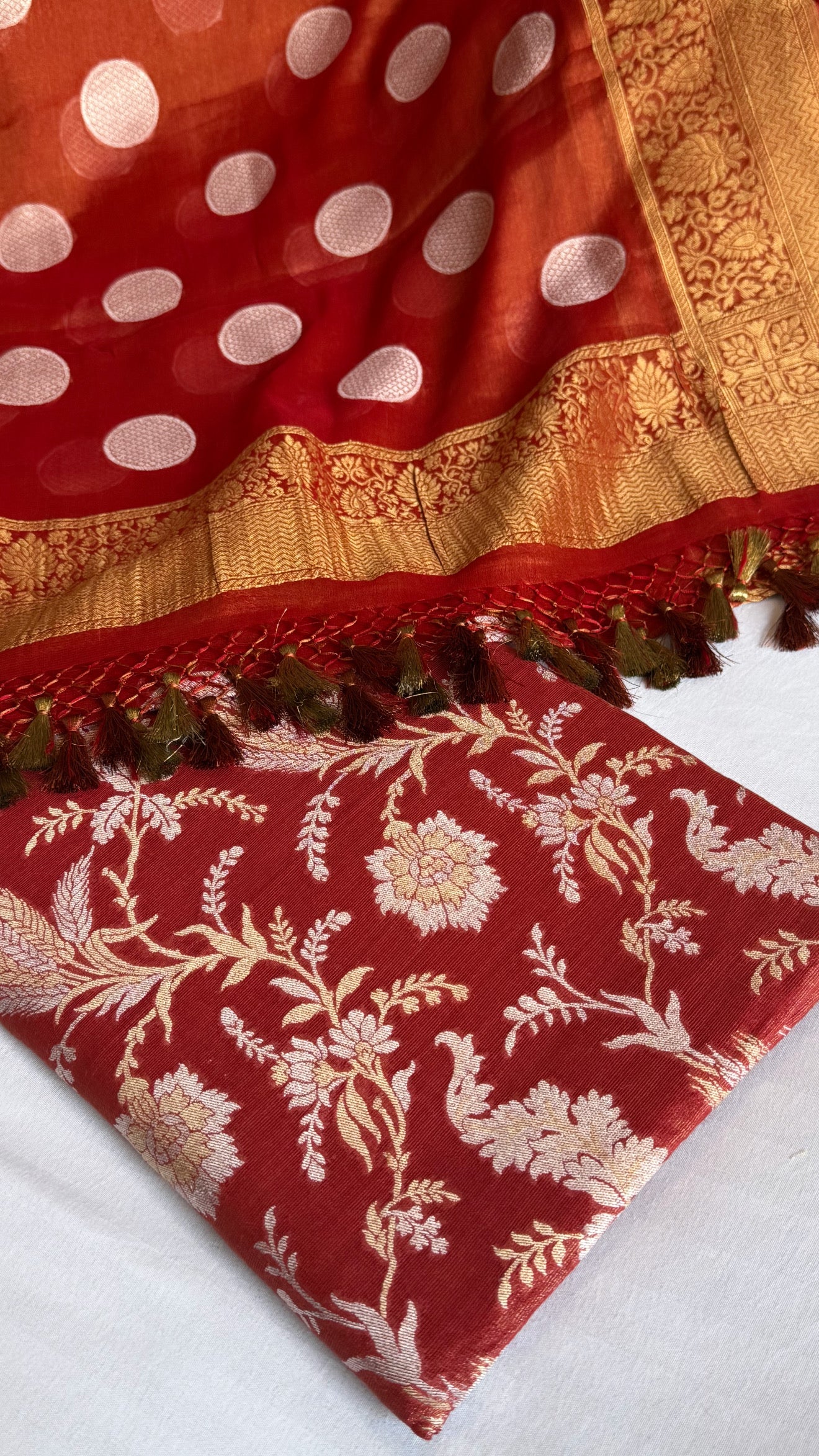 Rustic red tissue gorgette kadhwa sona rupa jungla suit set