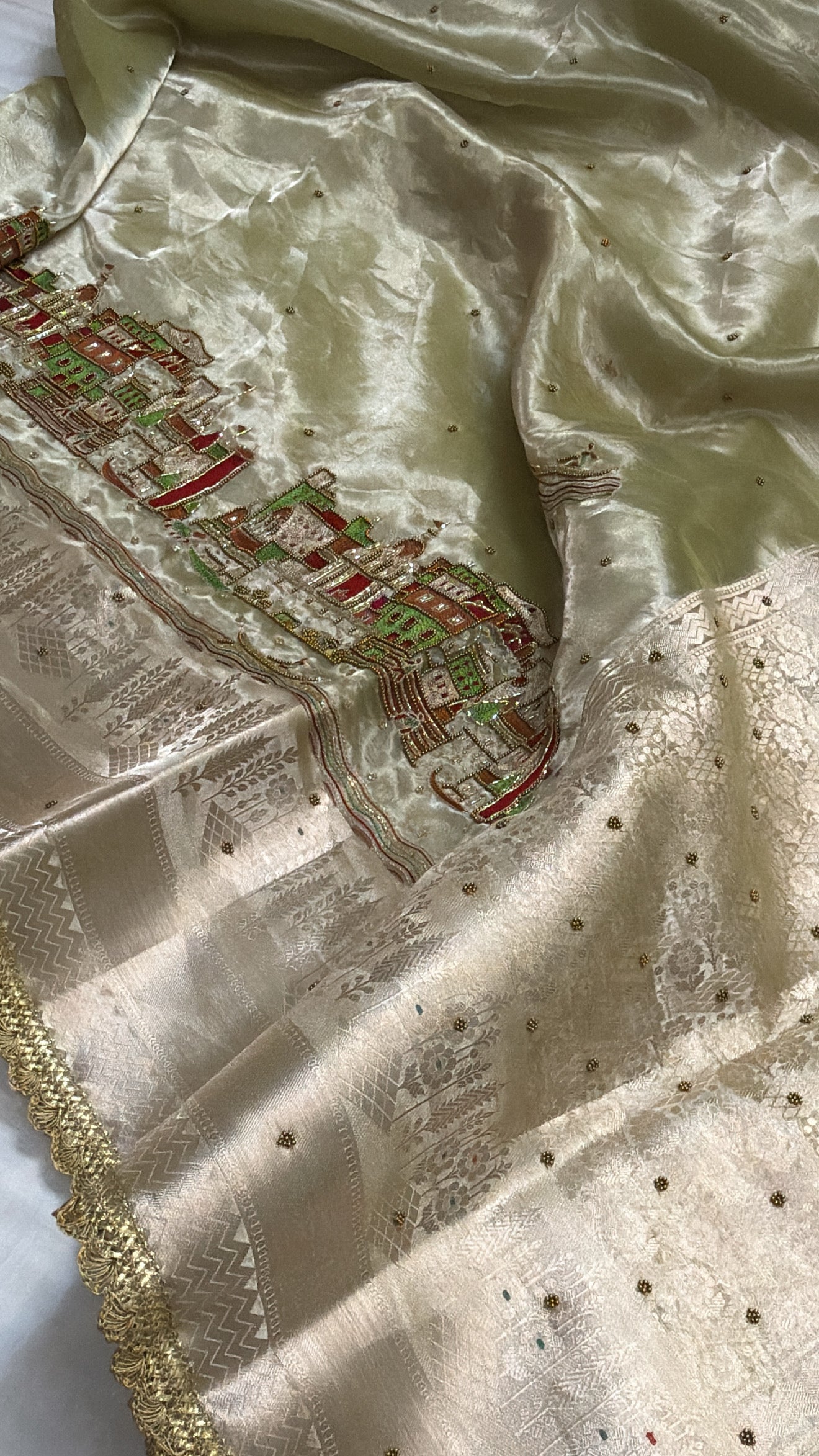 Gangaghat edit saree - Mint green tissue silk hand embroidered ghat inspired kadhwa saree