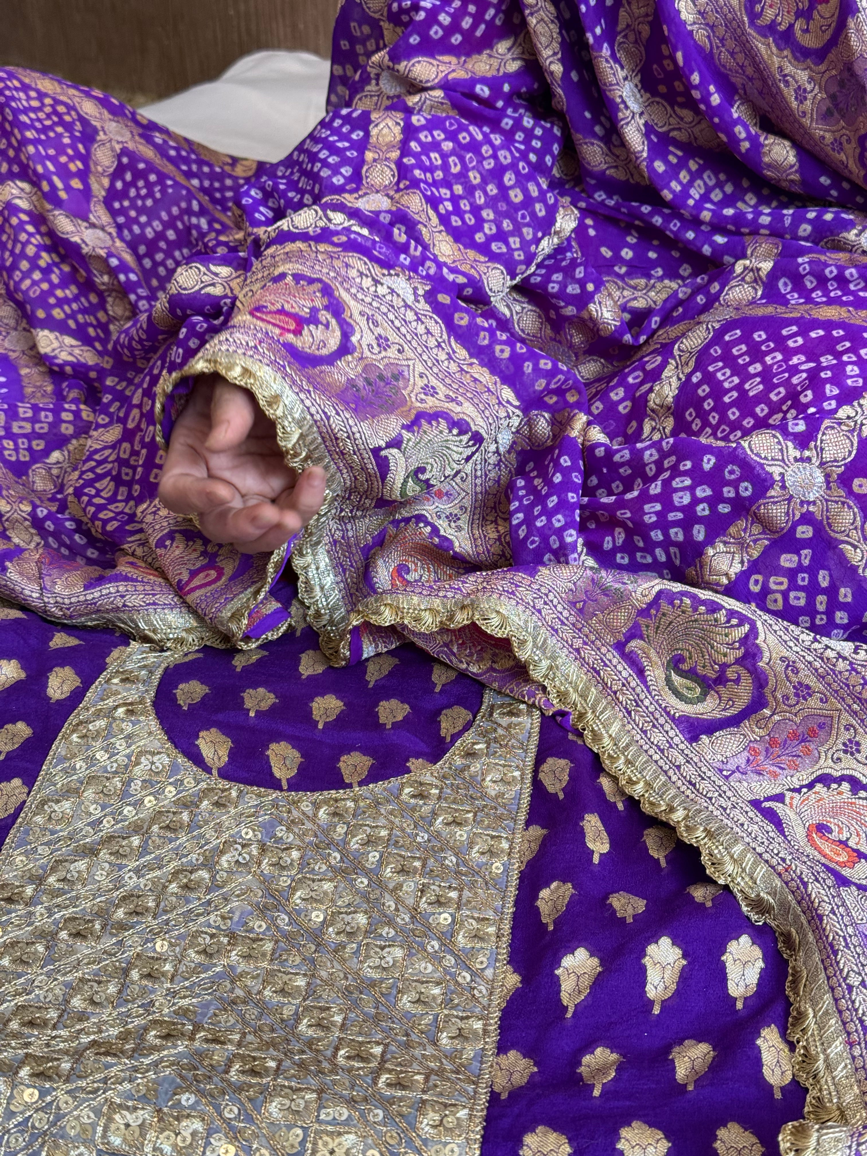 Purple rai bandhej banarasi gorgette kadhwa suit set