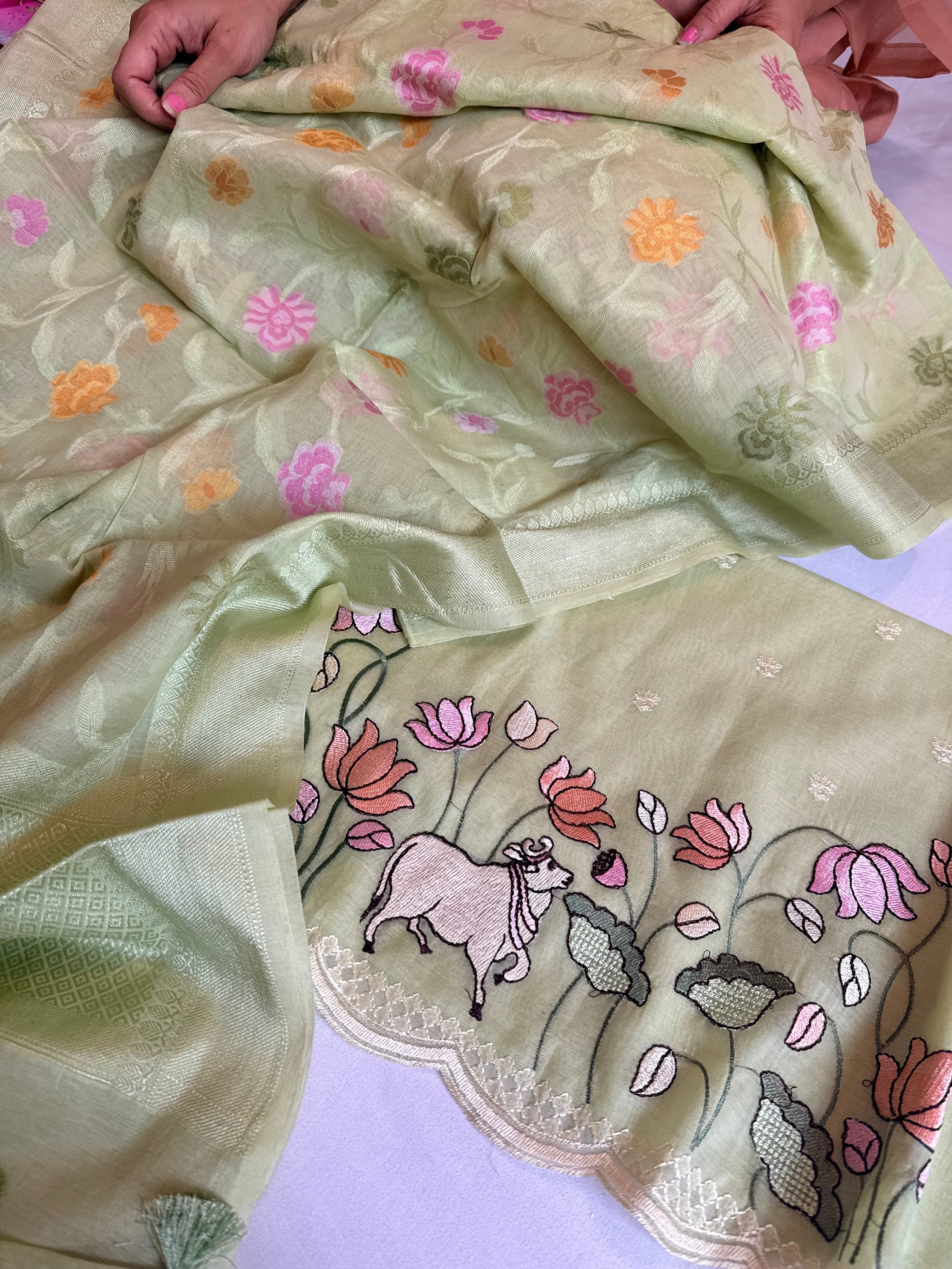 BELOW 8K - Pista green mul cotton silk resham work banarasi suit set