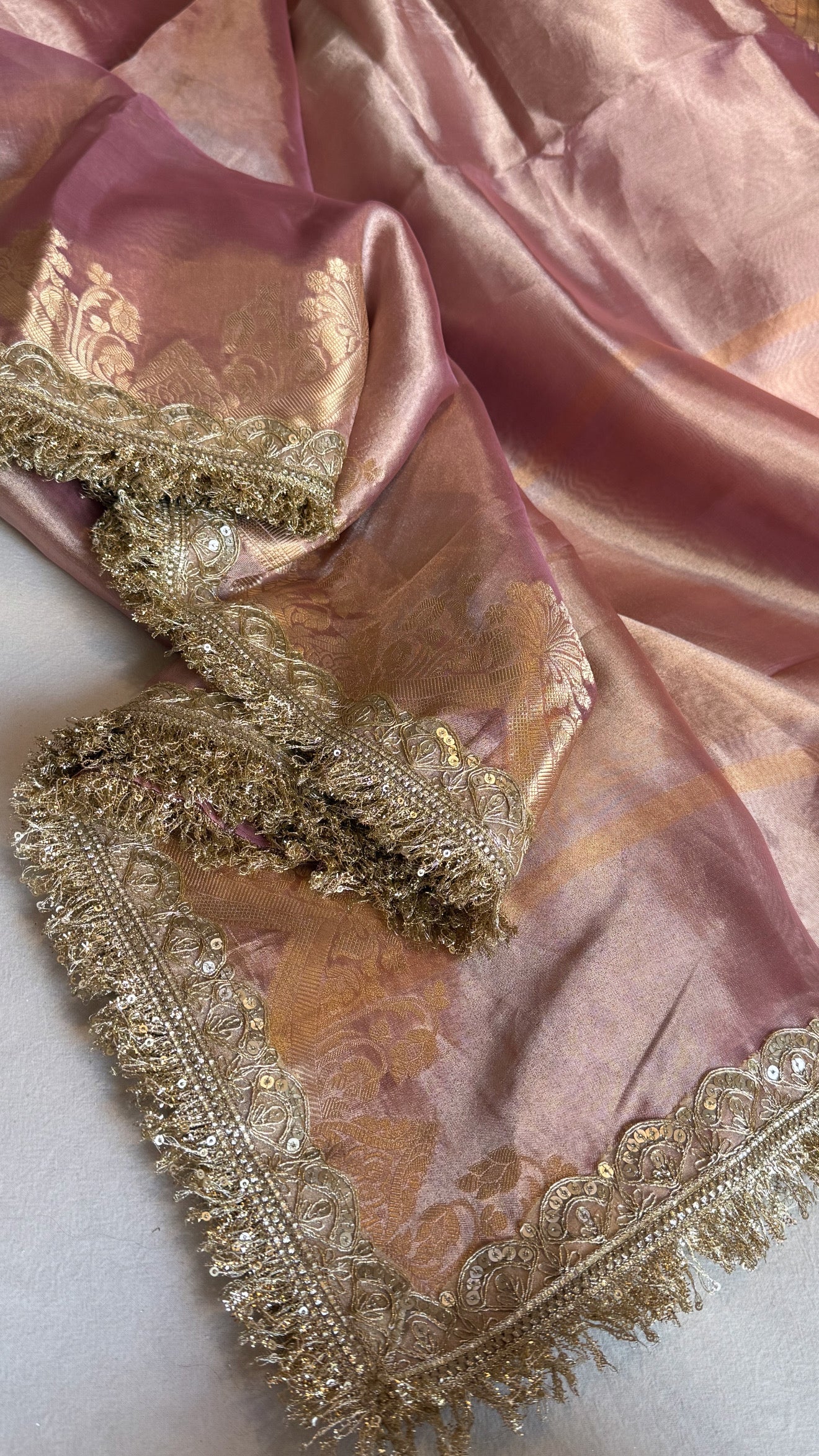 Maharani pastel blush pink tissue silk kadhwa saree
