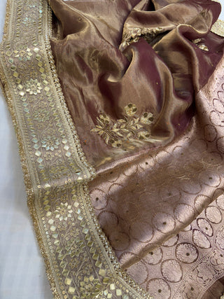 Cocktail wali saree - Coffee brown tissue silk heavy hand embroidered saree