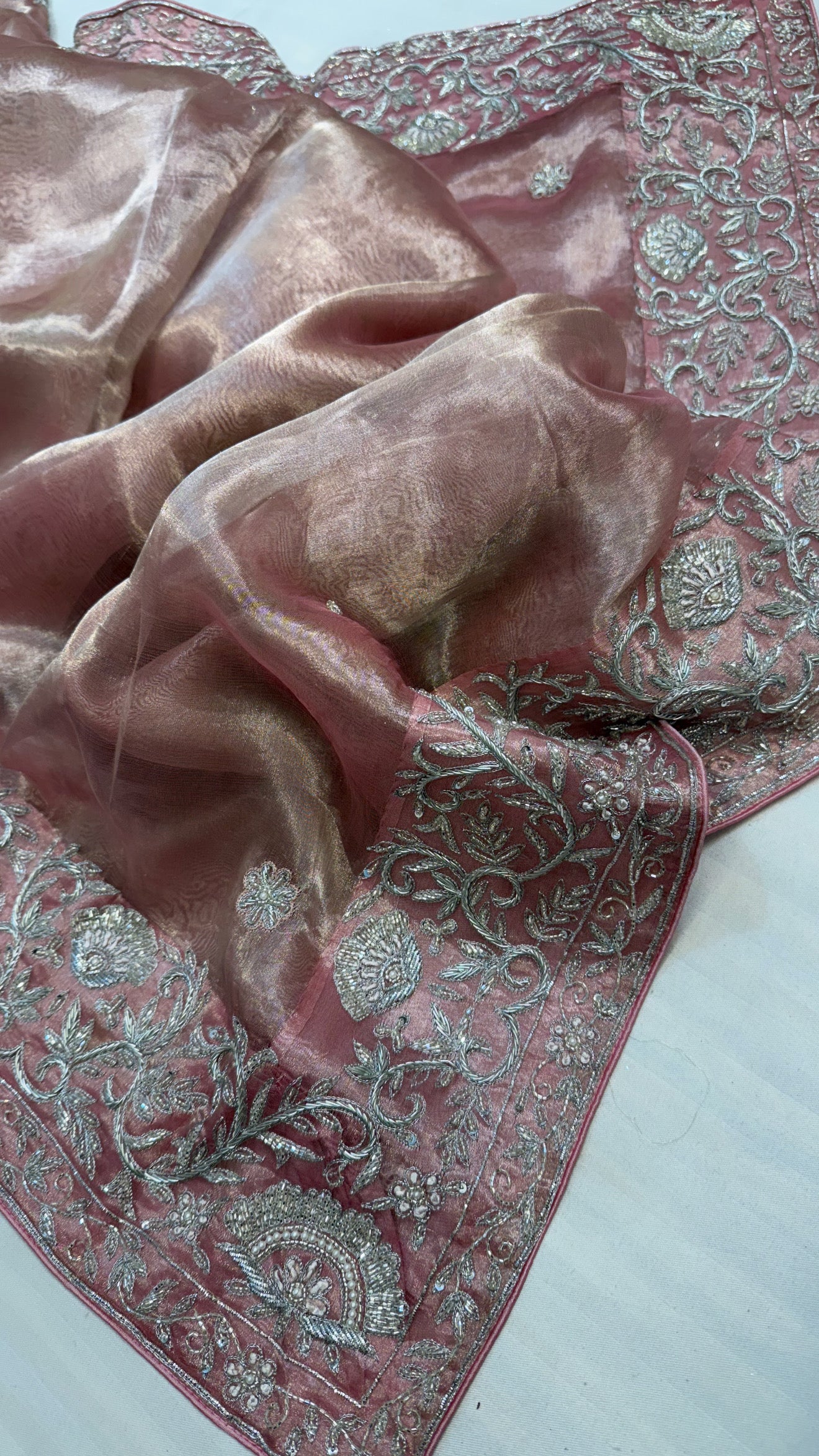 Gulab ki pankhuri husn tissue silk heavy zardozi border hand embroidered saree