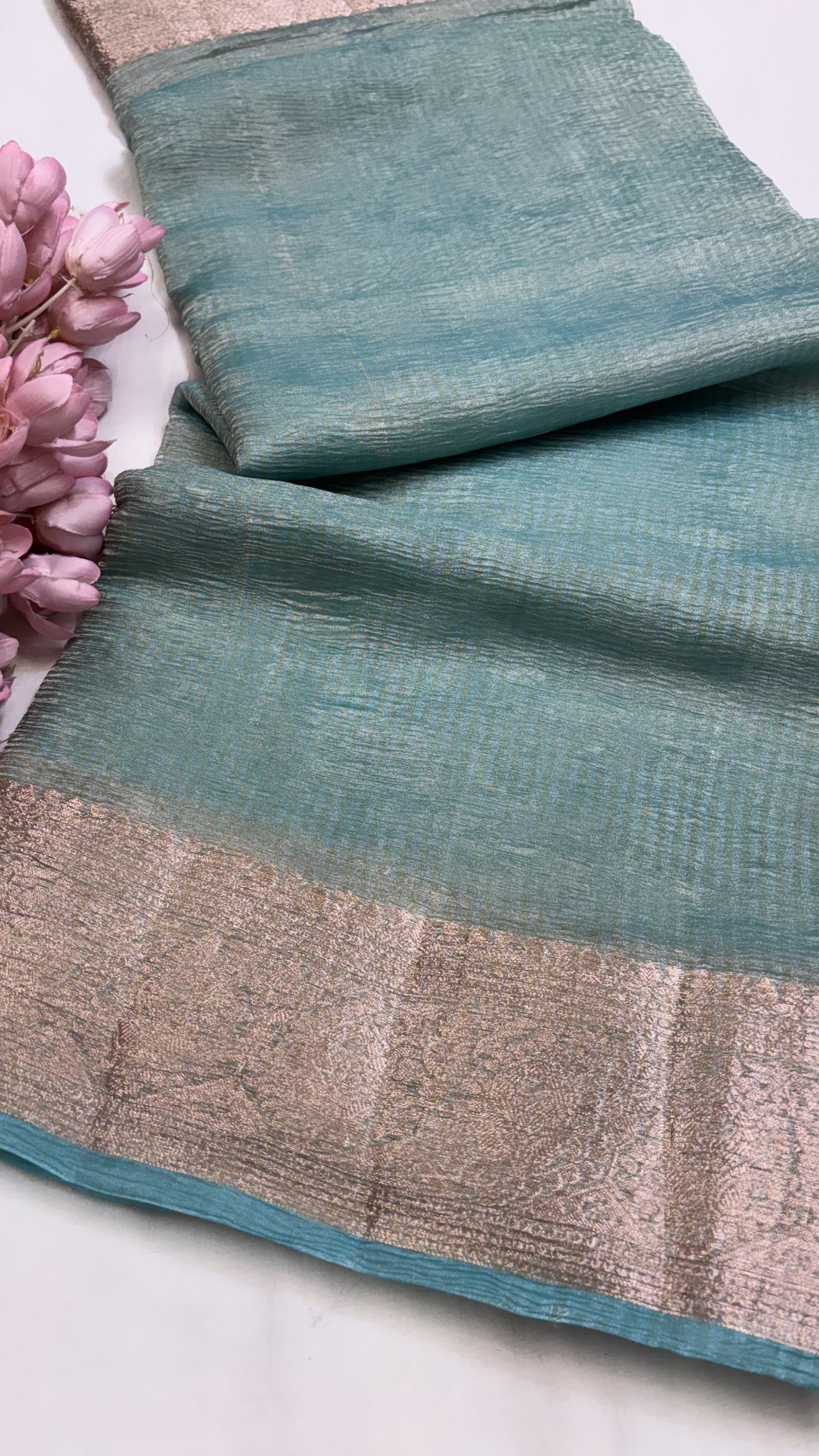 Pure banarasi sea green crushed tissue silk handwoven kadhwa saree with intricate border and kadhwa blouse