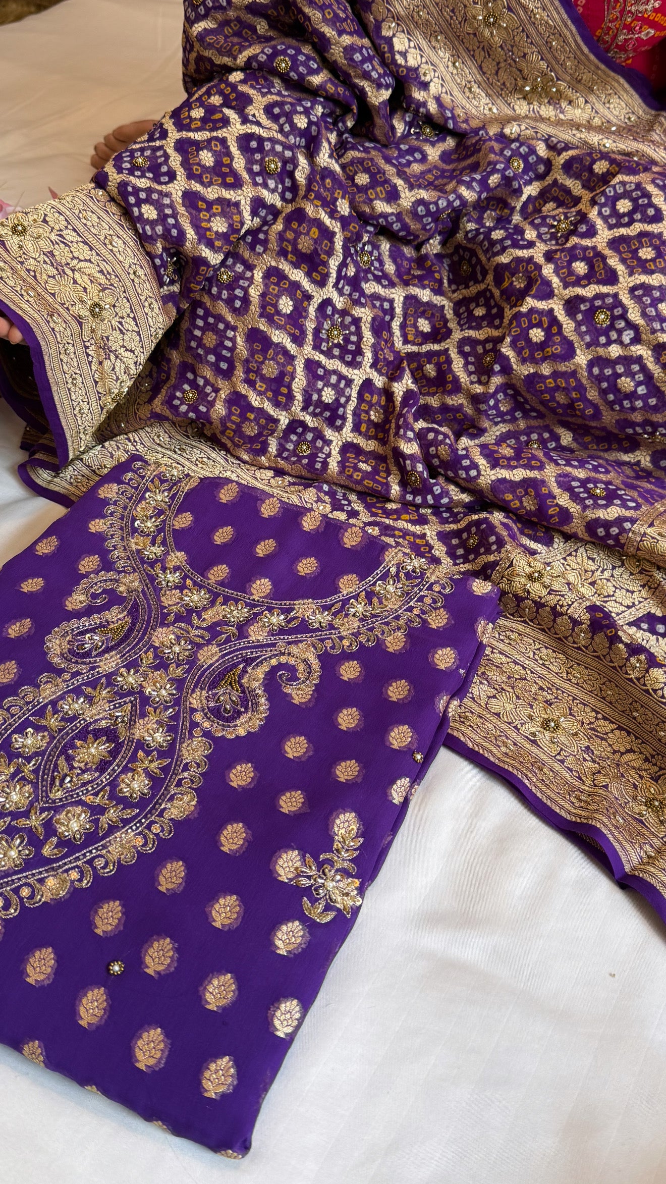 Deep purple rai bandhej Banarasi gorgette kadhwa hand embroidered suit set
