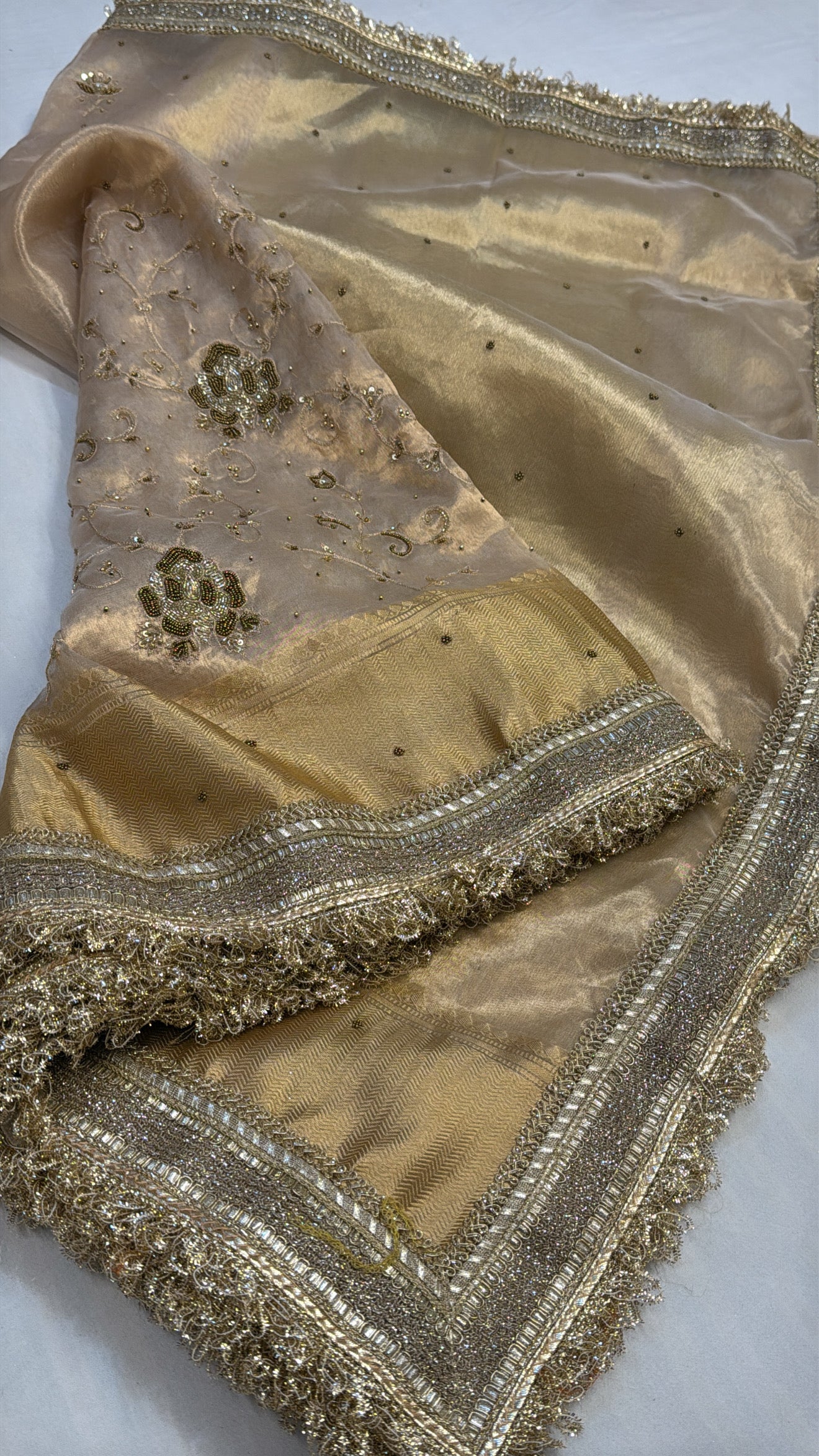 Golden tissue silk hand embroidered kadhwa saree with gotapatti work