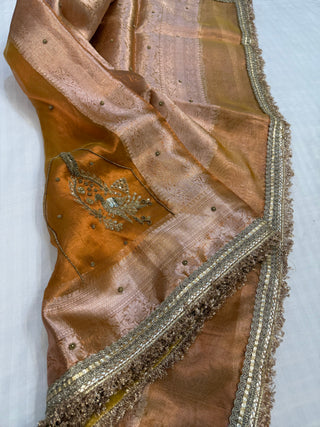 Cocktail edit sarees - Metallic haldi gold tissue silk heavy hand embroidered saree