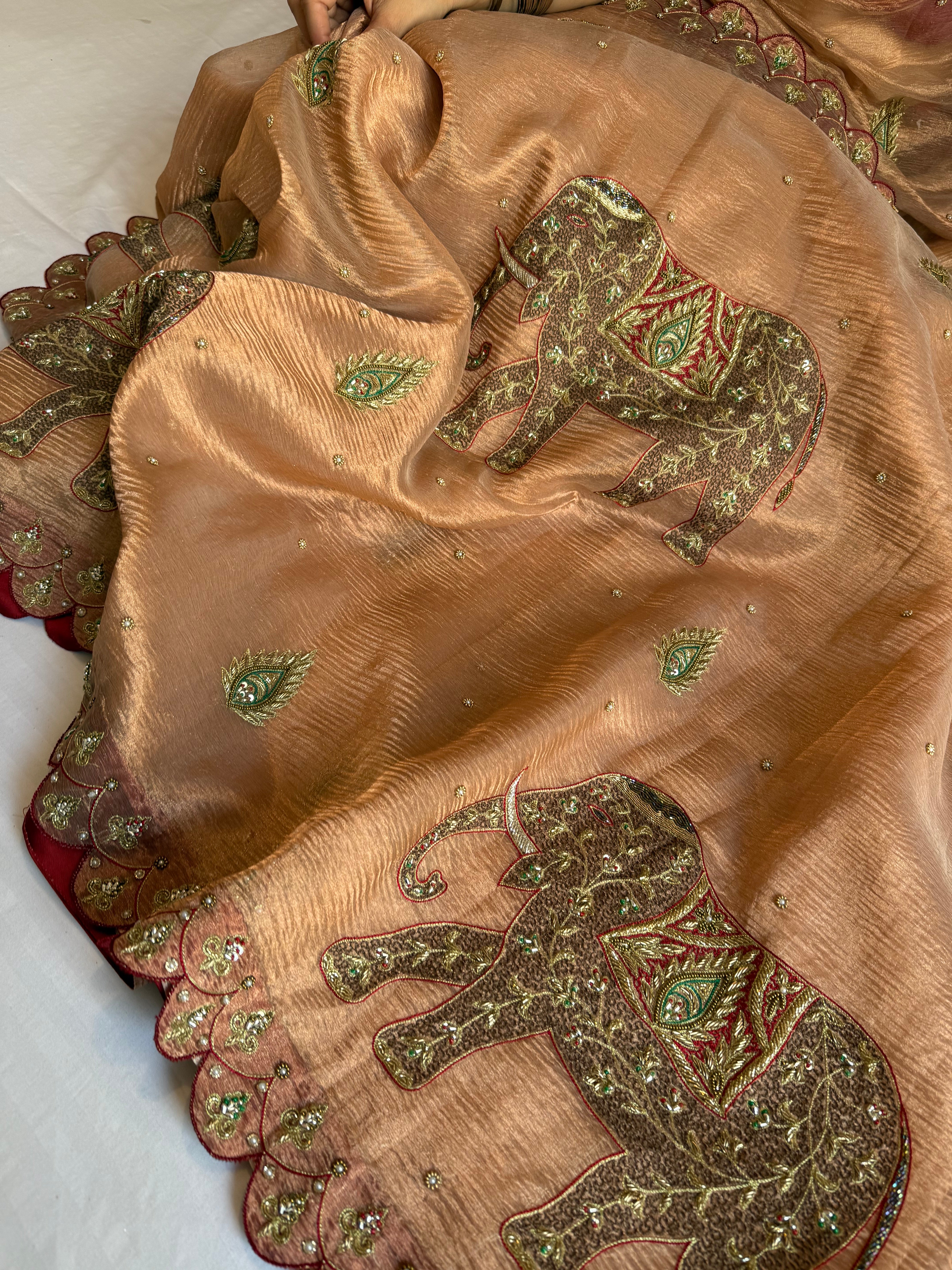 GajGamini crushed copper tissue silk elephant motif heavy hand embroidered meenakari work saree