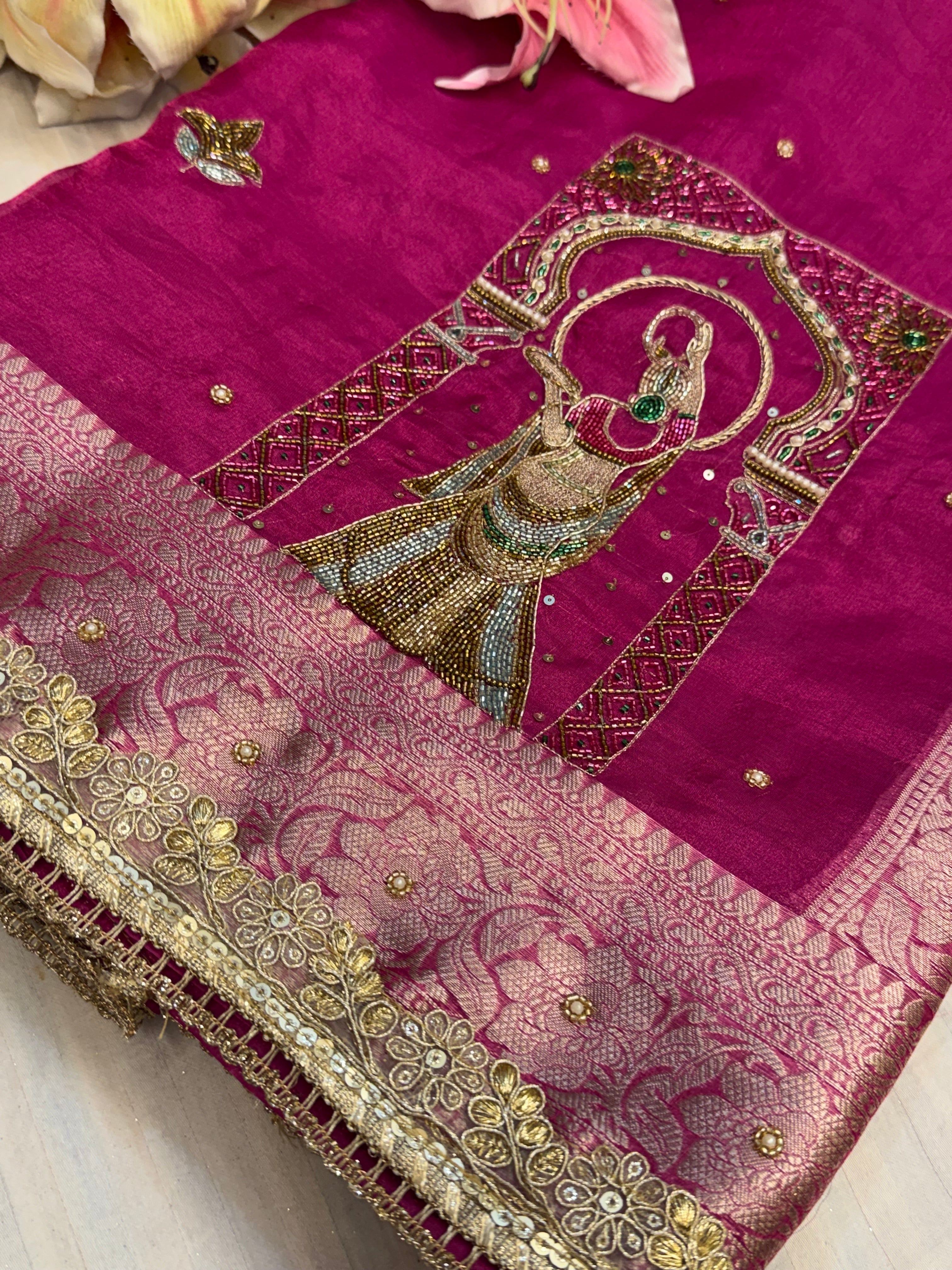 Karwachauth special - Hot metallic pink tissue silk hand embroidered kadhwa saree