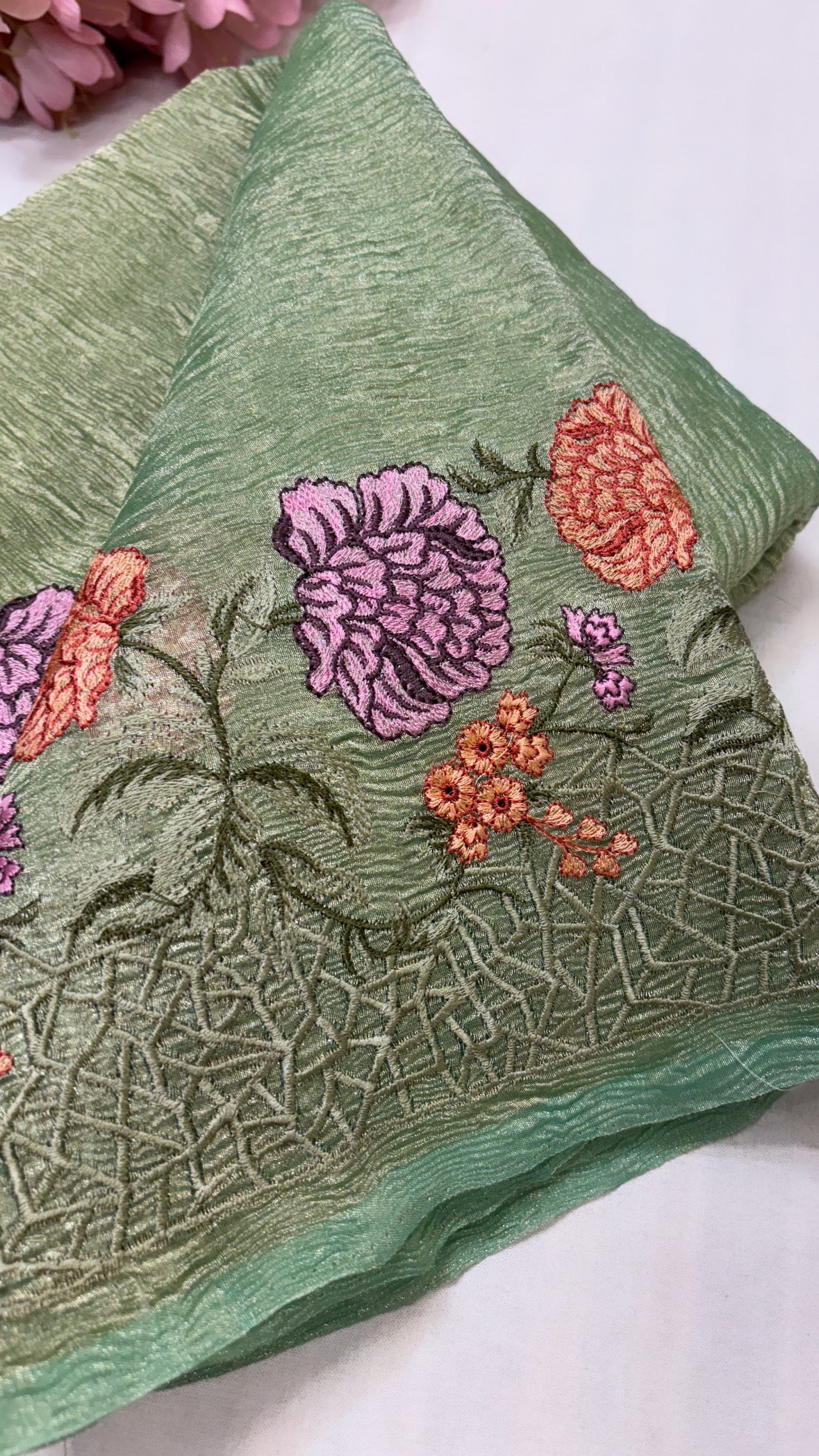 Damini apple green crushed tissue silk saree