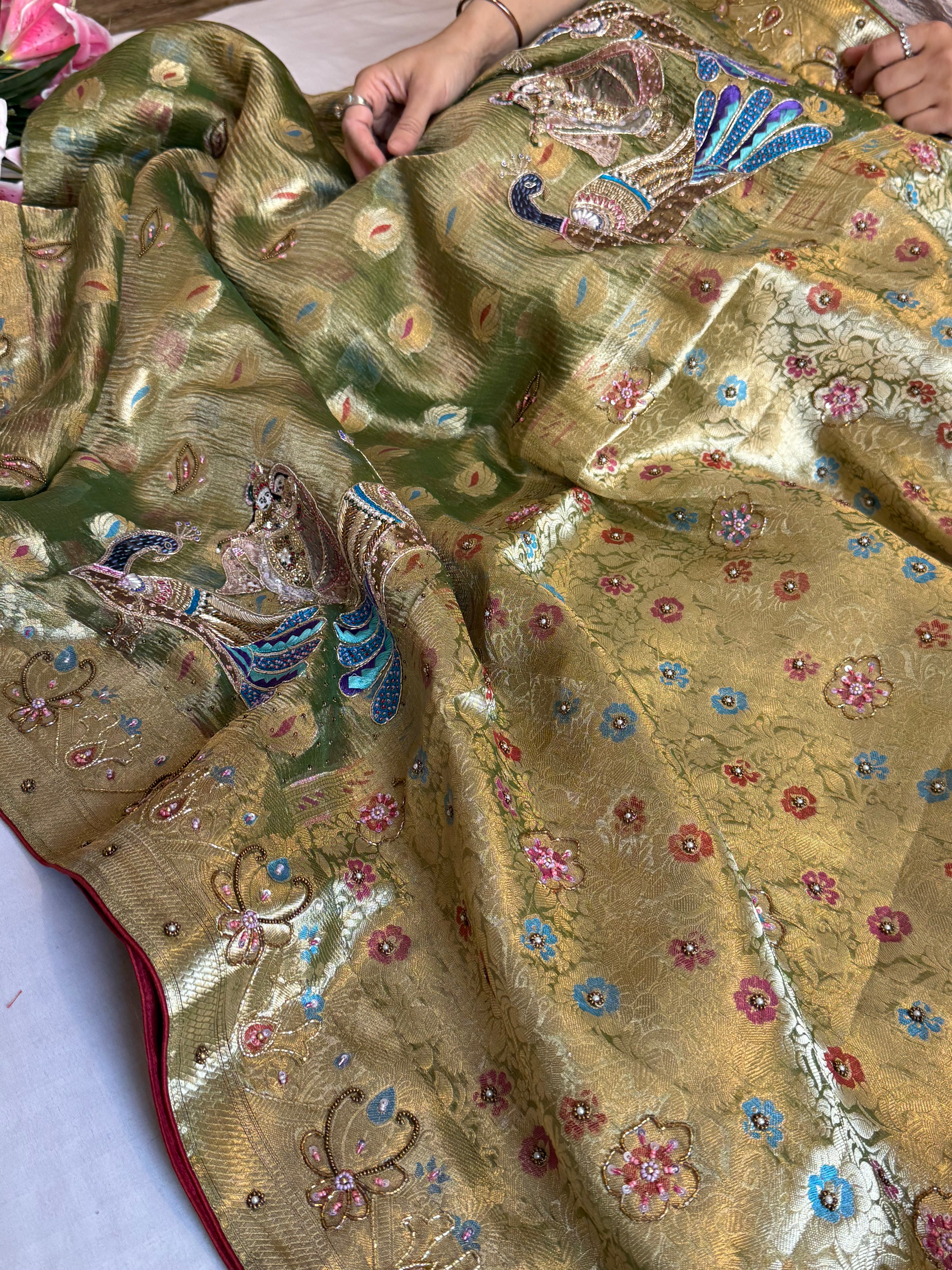 Mehendi green husn crushed tissue silk hand embroidered kadhwa saree