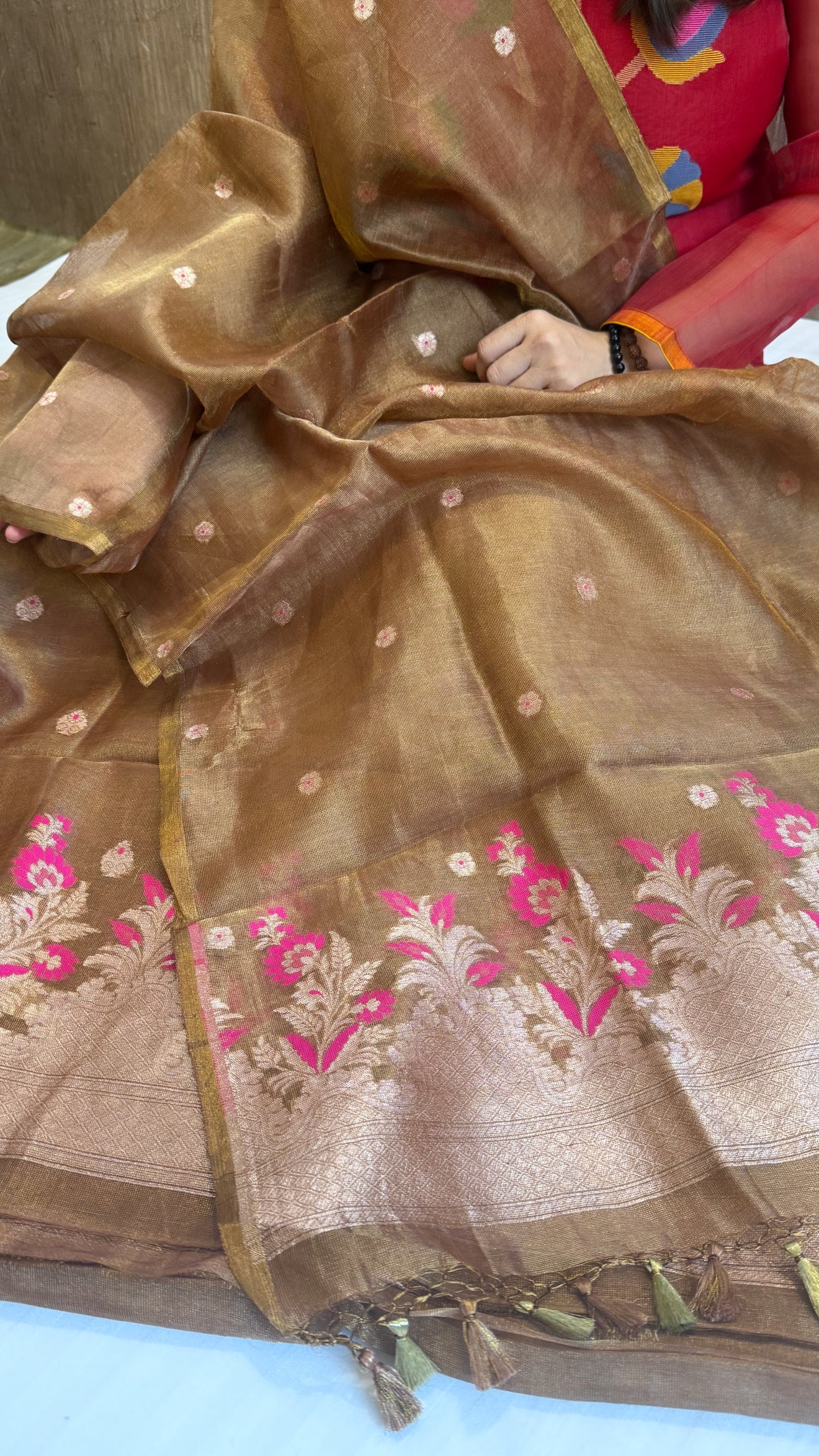 Linen tissue rose brown kadhwa meenakari buti suit sets