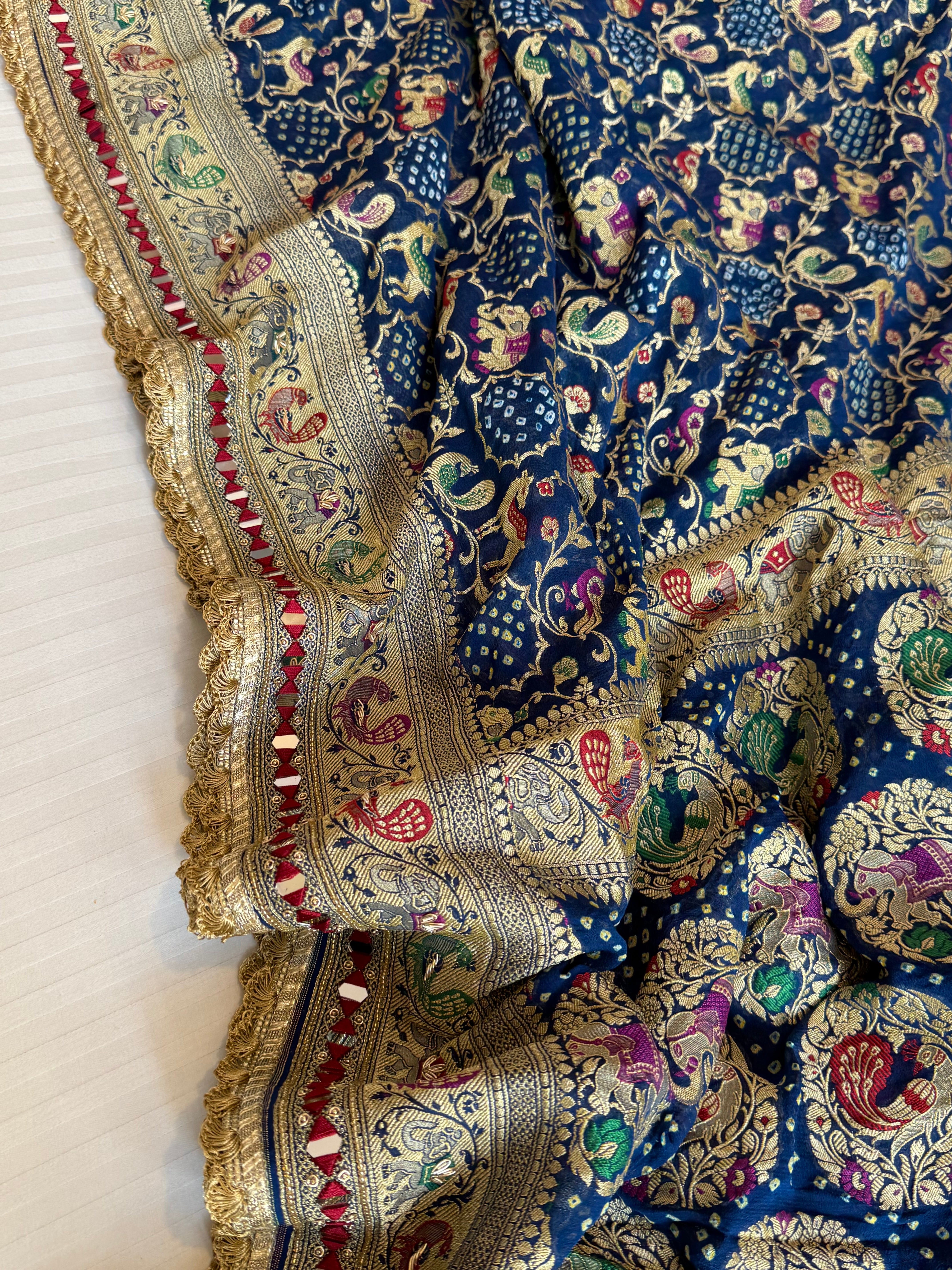 Mirror work banarasi bandhej shikargah motif heavy hand embroidered saree