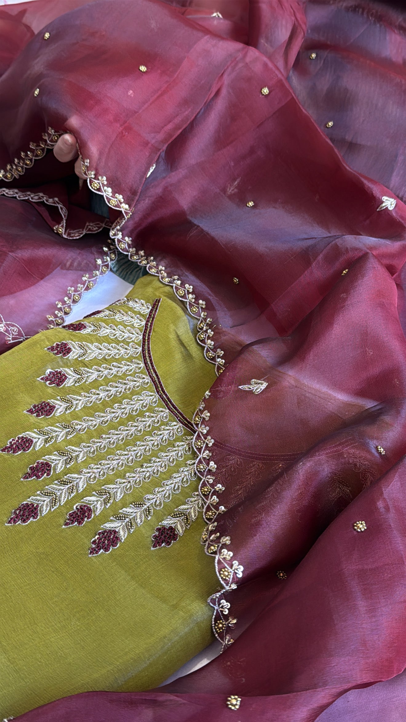 Olive green - maroonish kora silk heavy hand embroidered suit set