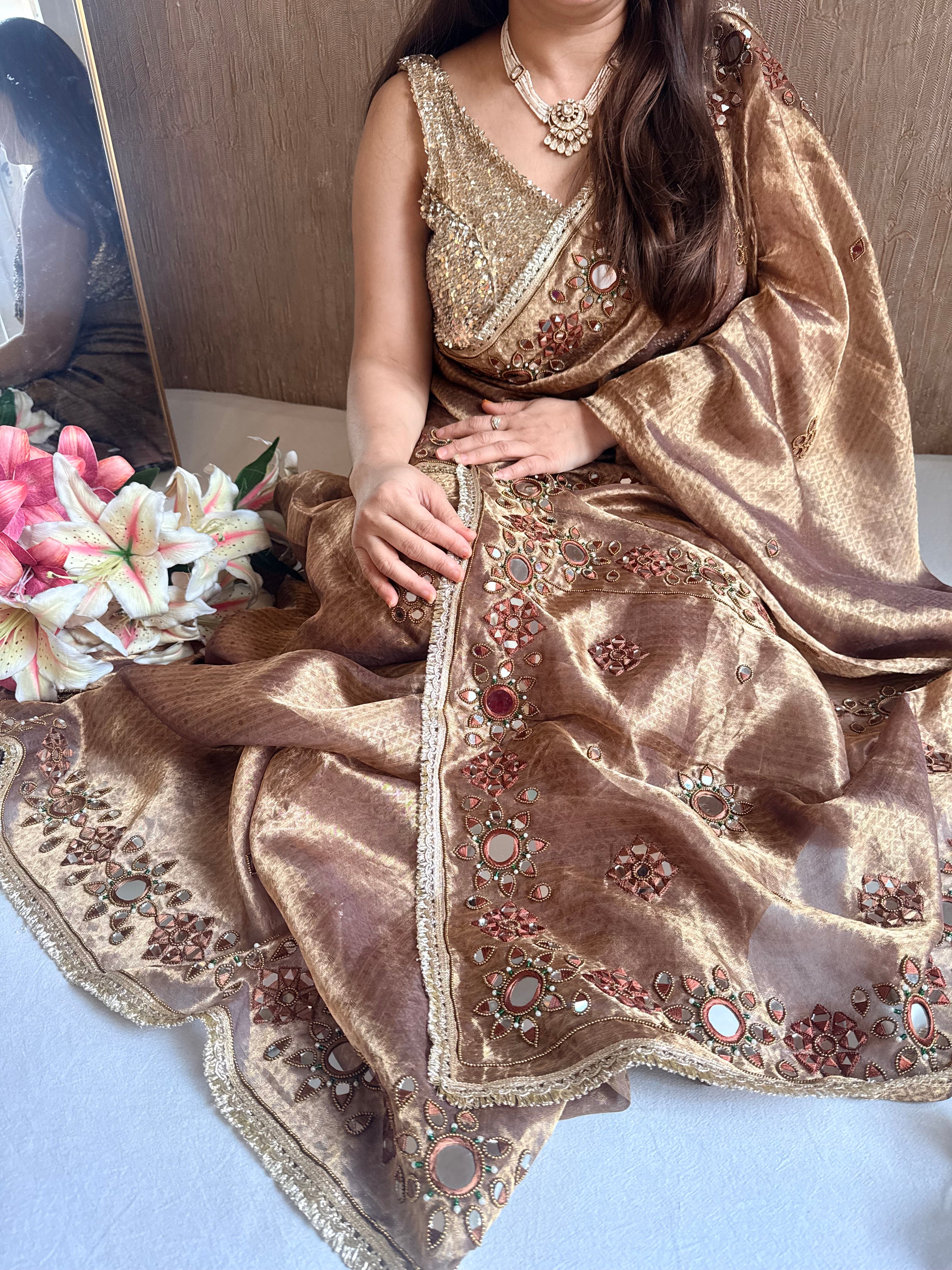 Chocolate brown tissue silk mirrorwork hand embroidered kadhwa saree