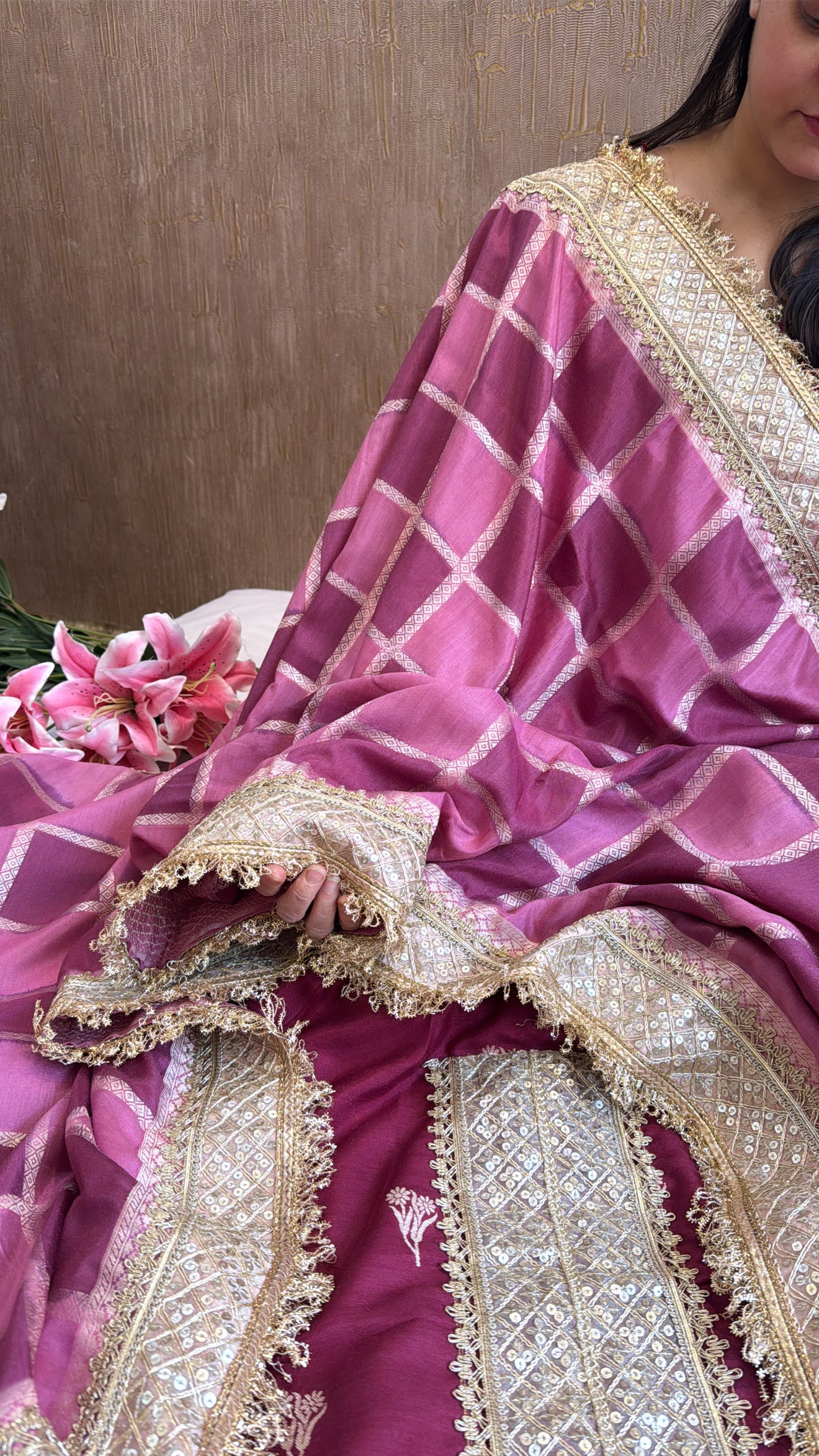 Dark plum purple rangkaat dye chaukadi weaving kadhwa silk suit set