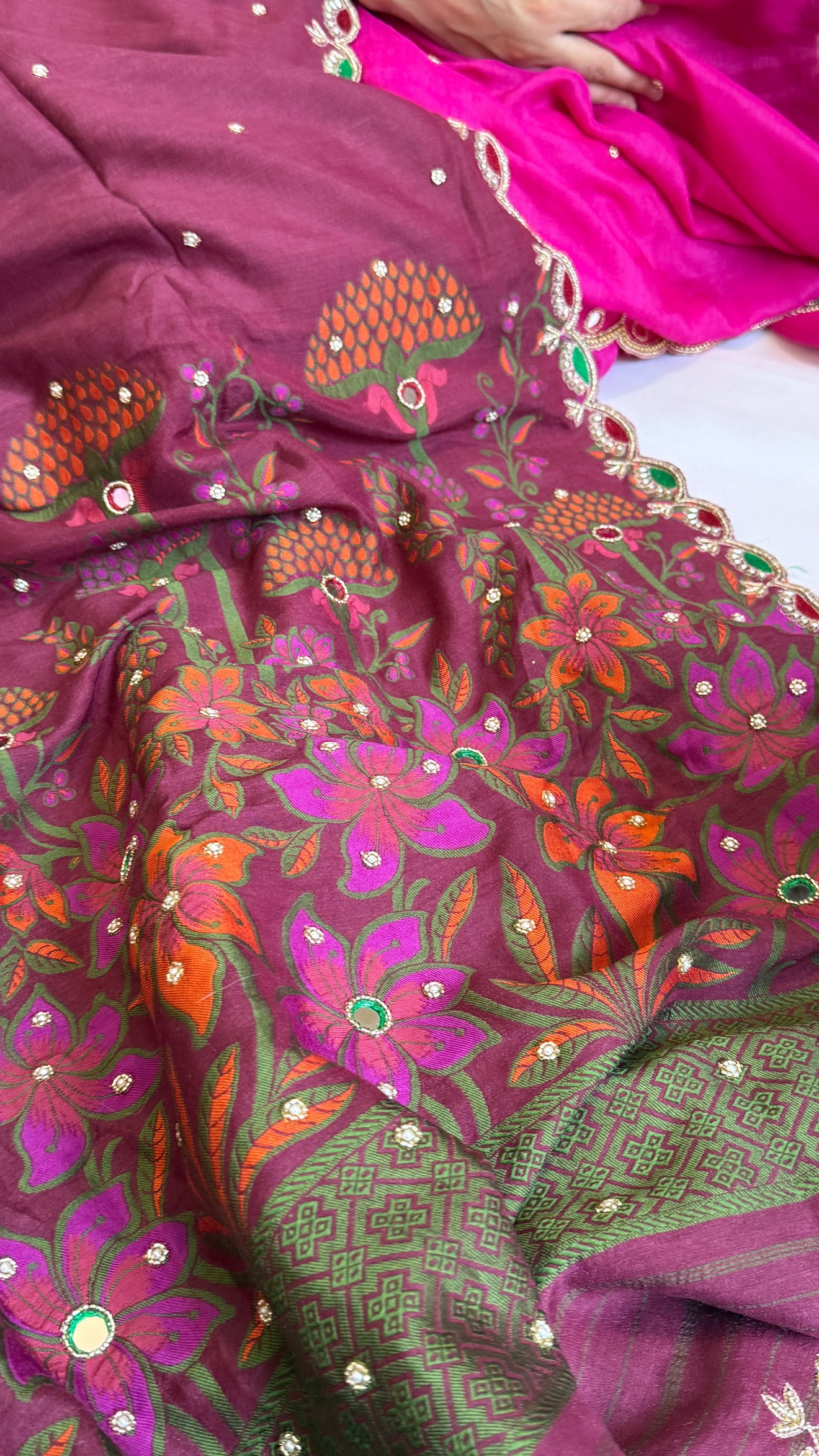 Moonga silk onion pink meenakari hand embroidered saree