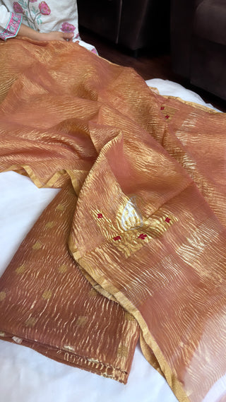 Pure banarasi peachish gold crushed tiisue silk kadhwa sona rupa meenedar buti three piece suit set