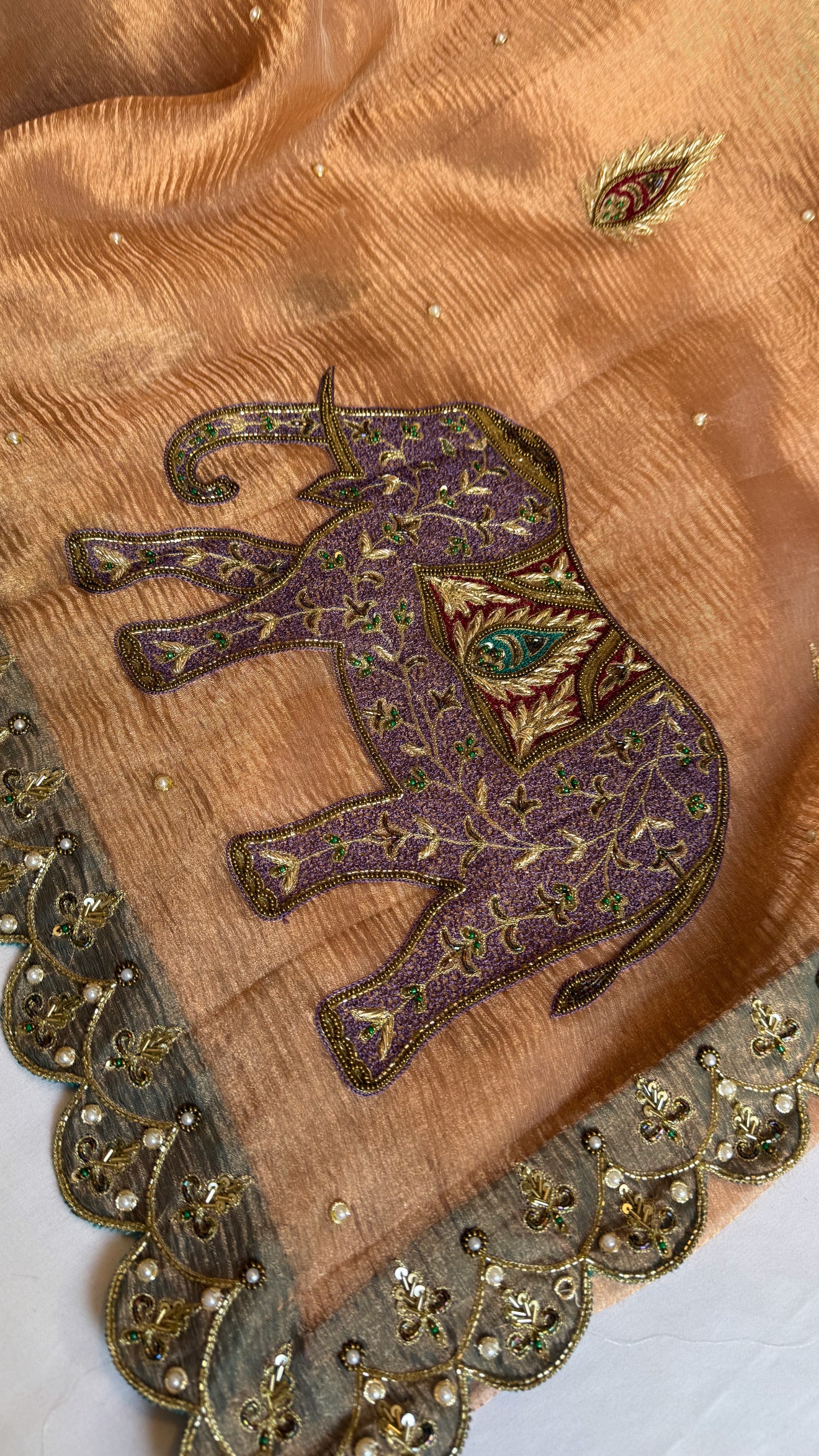 Gajgamini crushed copper tissue silk elephant meenakari motif heavy hand embroidered saree