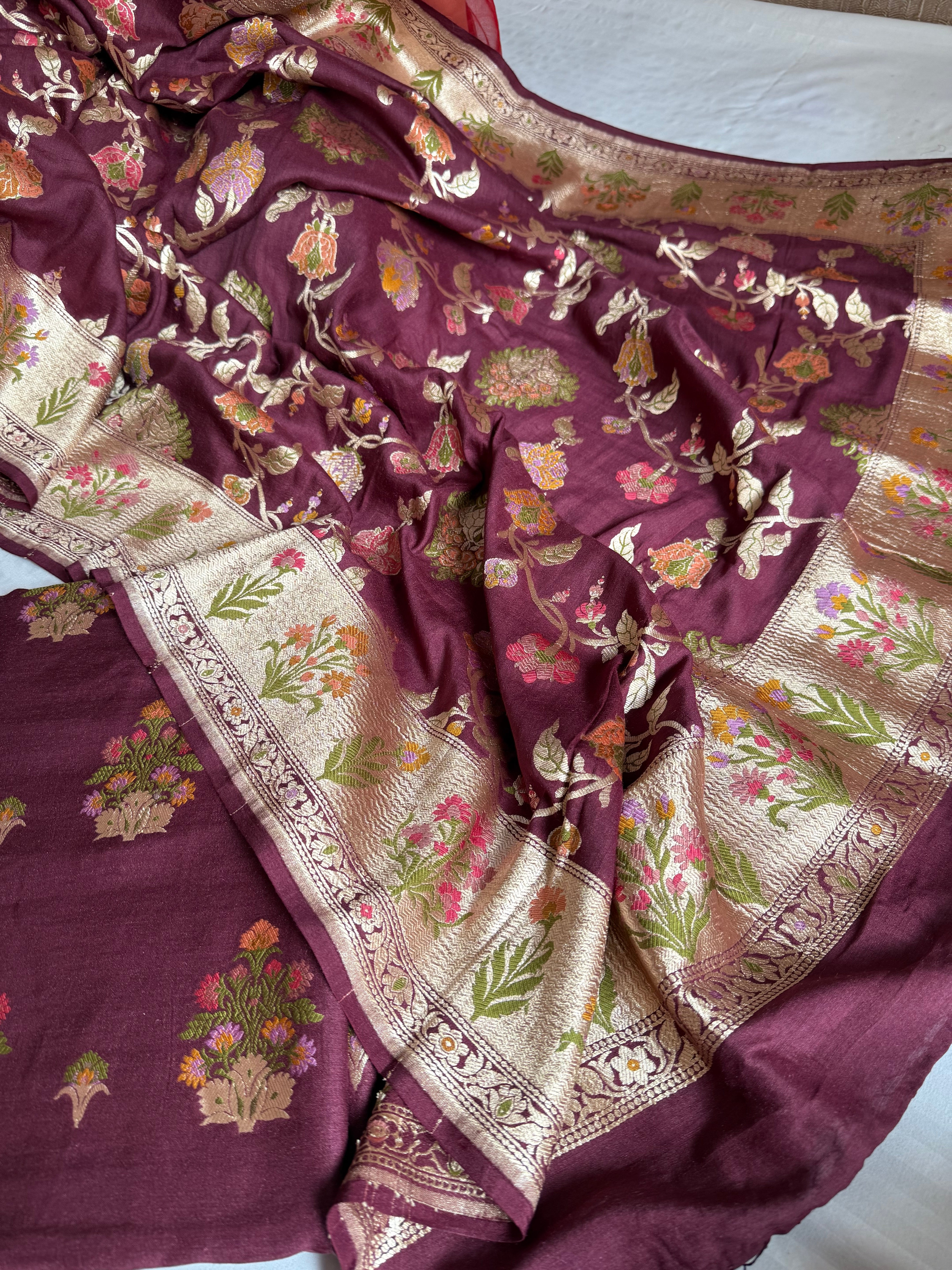 Bergundy moonga silk kadhwa meenakari jungla suit set
