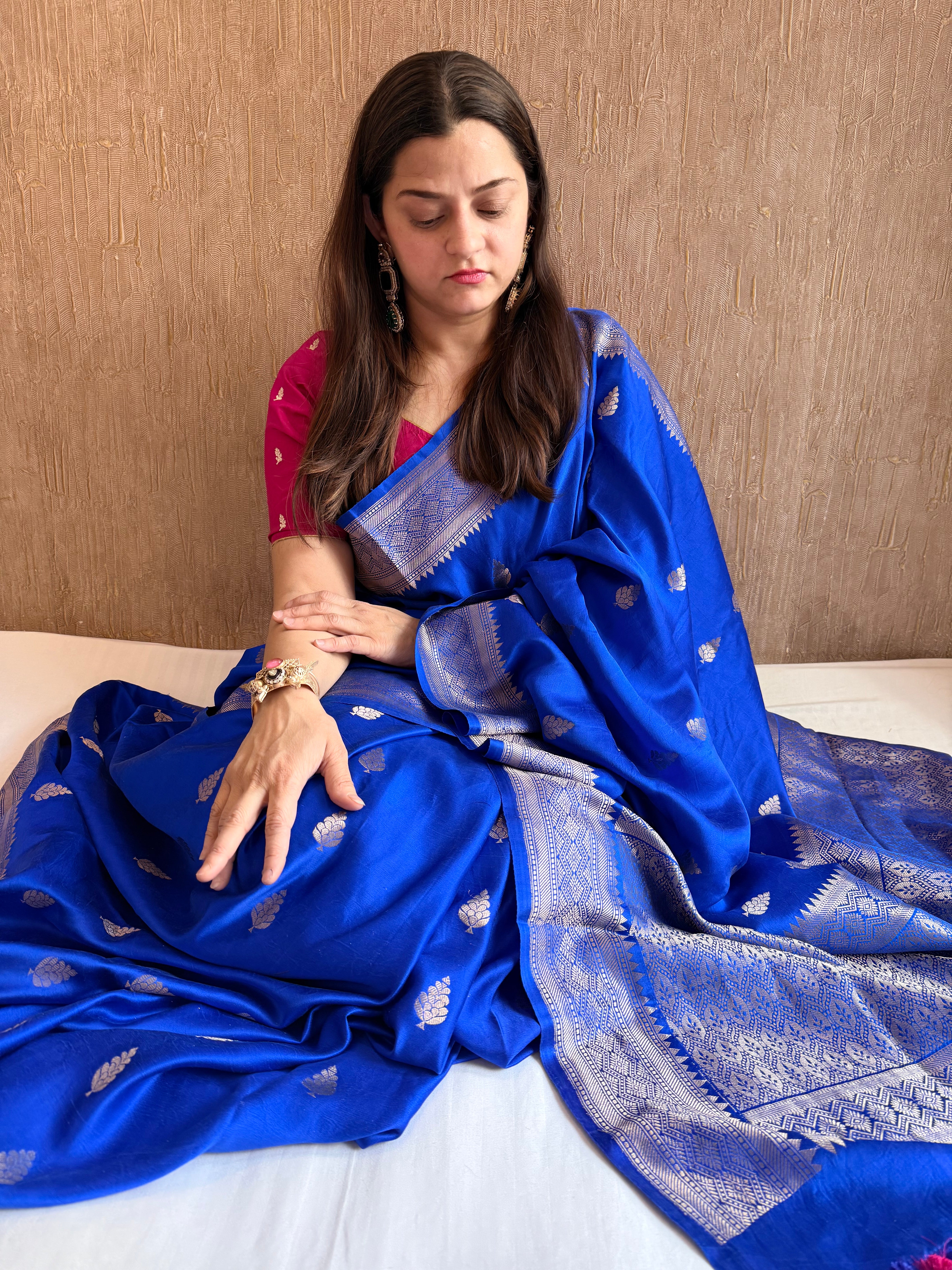 Ink blue banarasi mashru silk kadhwa buti saree