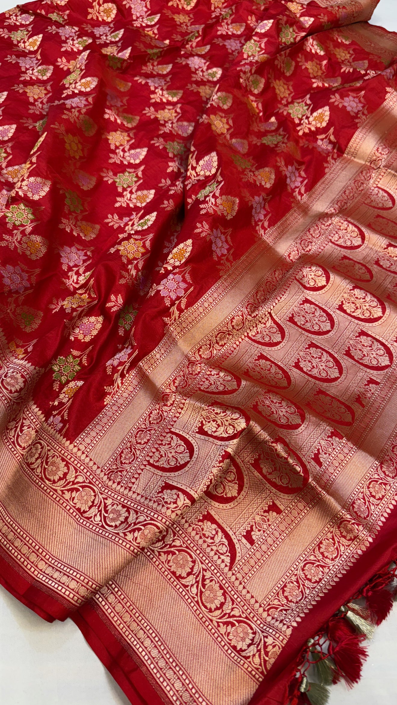 Bridal red katan silk kadhwa jaal meenakari duppata