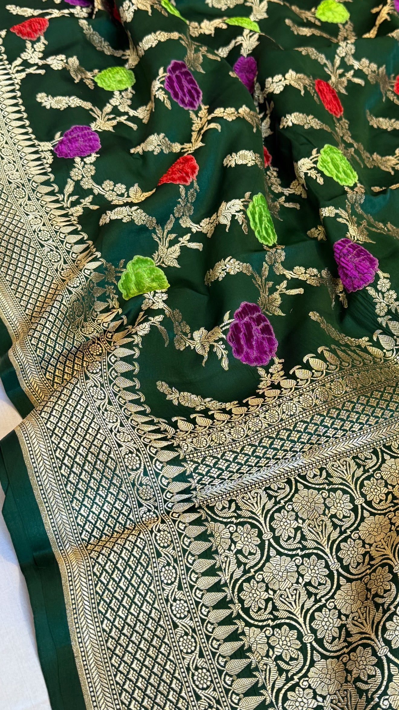 Forest green banarasi mashru silk velvet buti kadhwa weaving saree