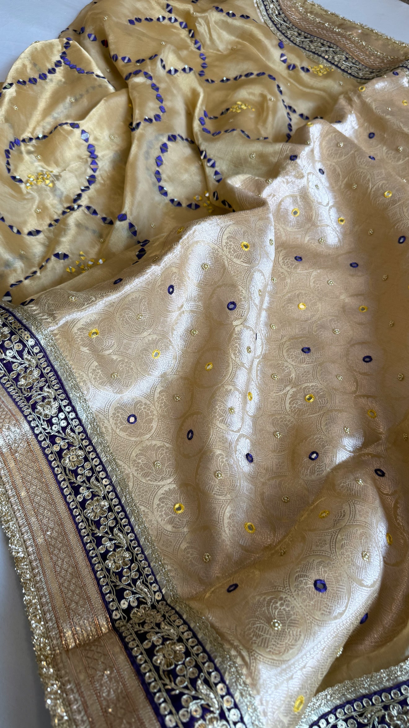 Sheesham edit - Heavy double tissue silk mirror work heavy hand embroidered saree