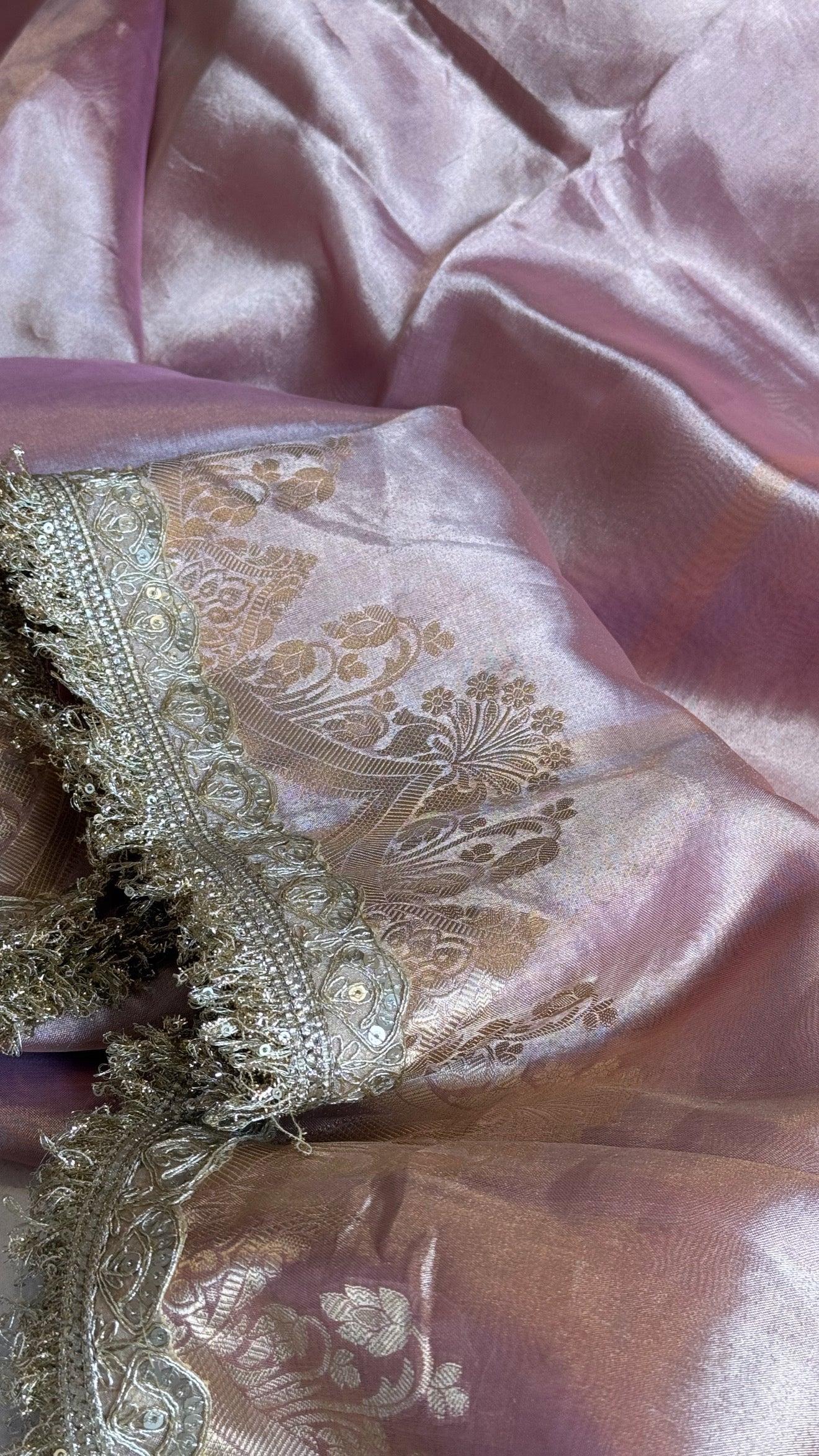 Maharani pastel blush pink tissue silk kadhwa saree
