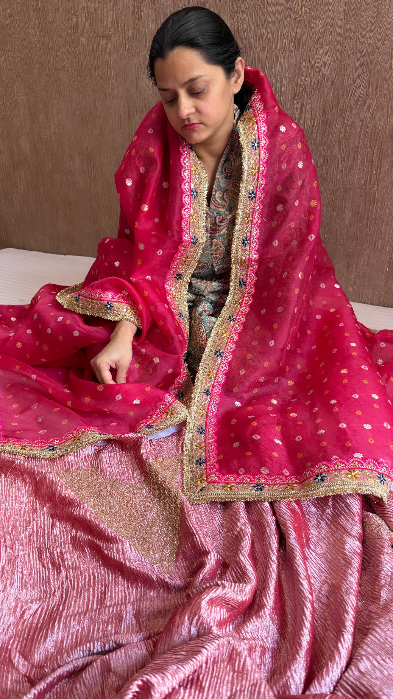 Hot pink diamond crushed tissue silk hand embroidered suit set